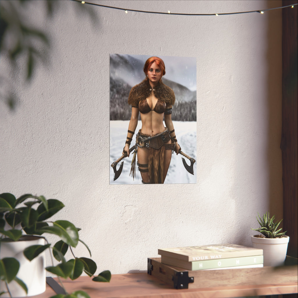 Viking Warrior Woman Fine Art Poster — Red-Haired Norse Axe Fighter Print