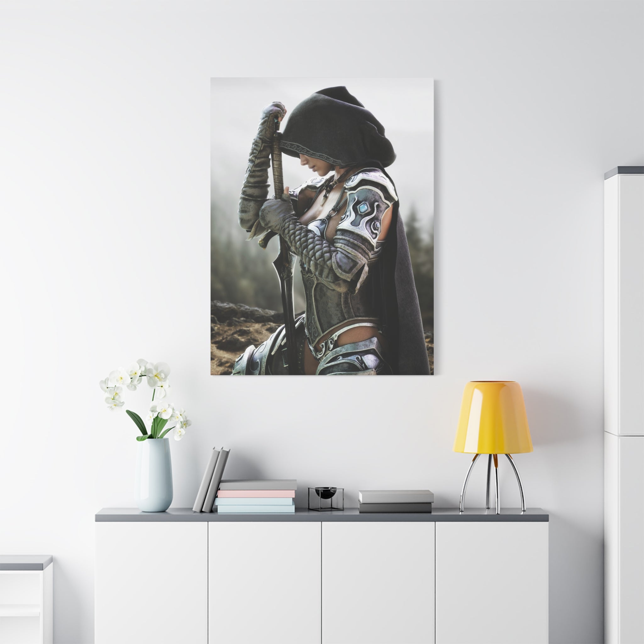 Fantasy Warrior Canvas Print — Hooded Female Knight Matte Stretched Wall Art- No AI- Human created fantasy art