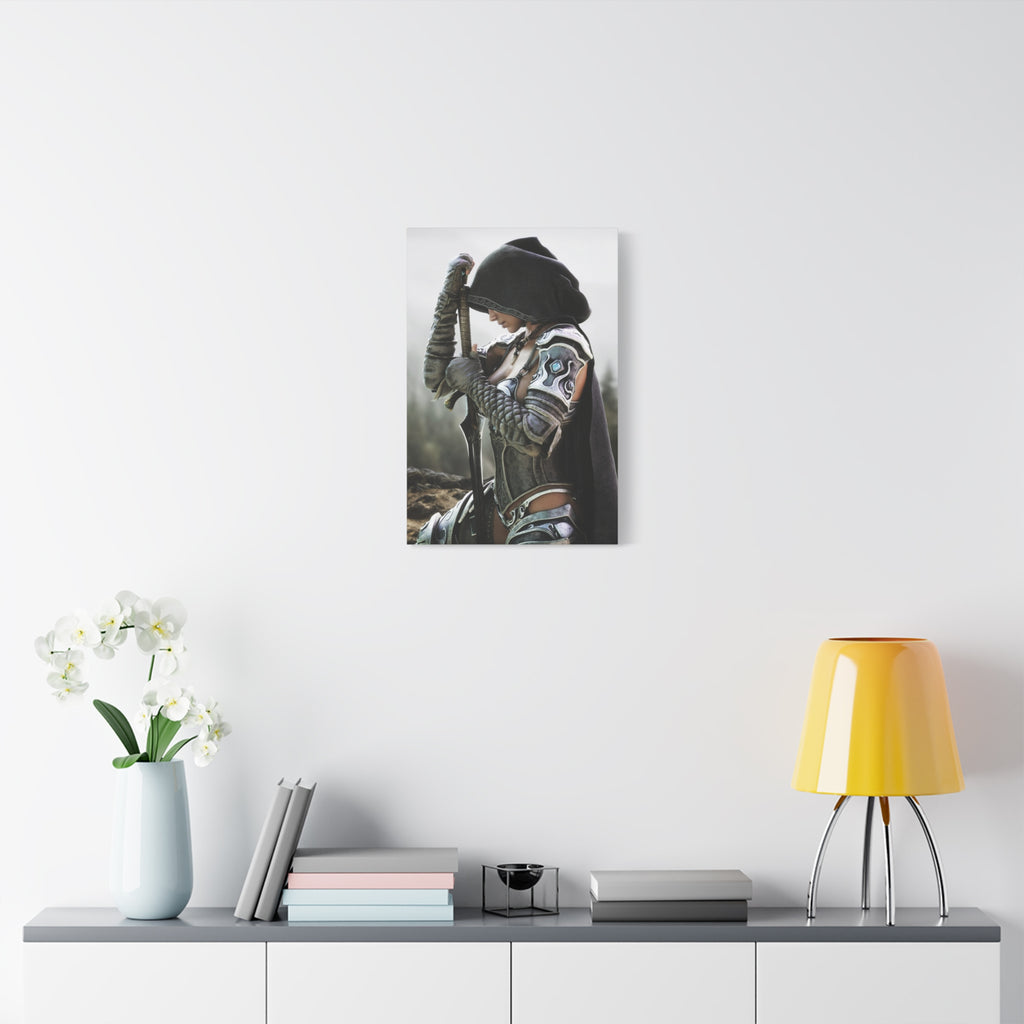 Fantasy Warrior Canvas Print — Hooded Female Knight Matte Stretched Wall Art- No AI- Human created fantasy art