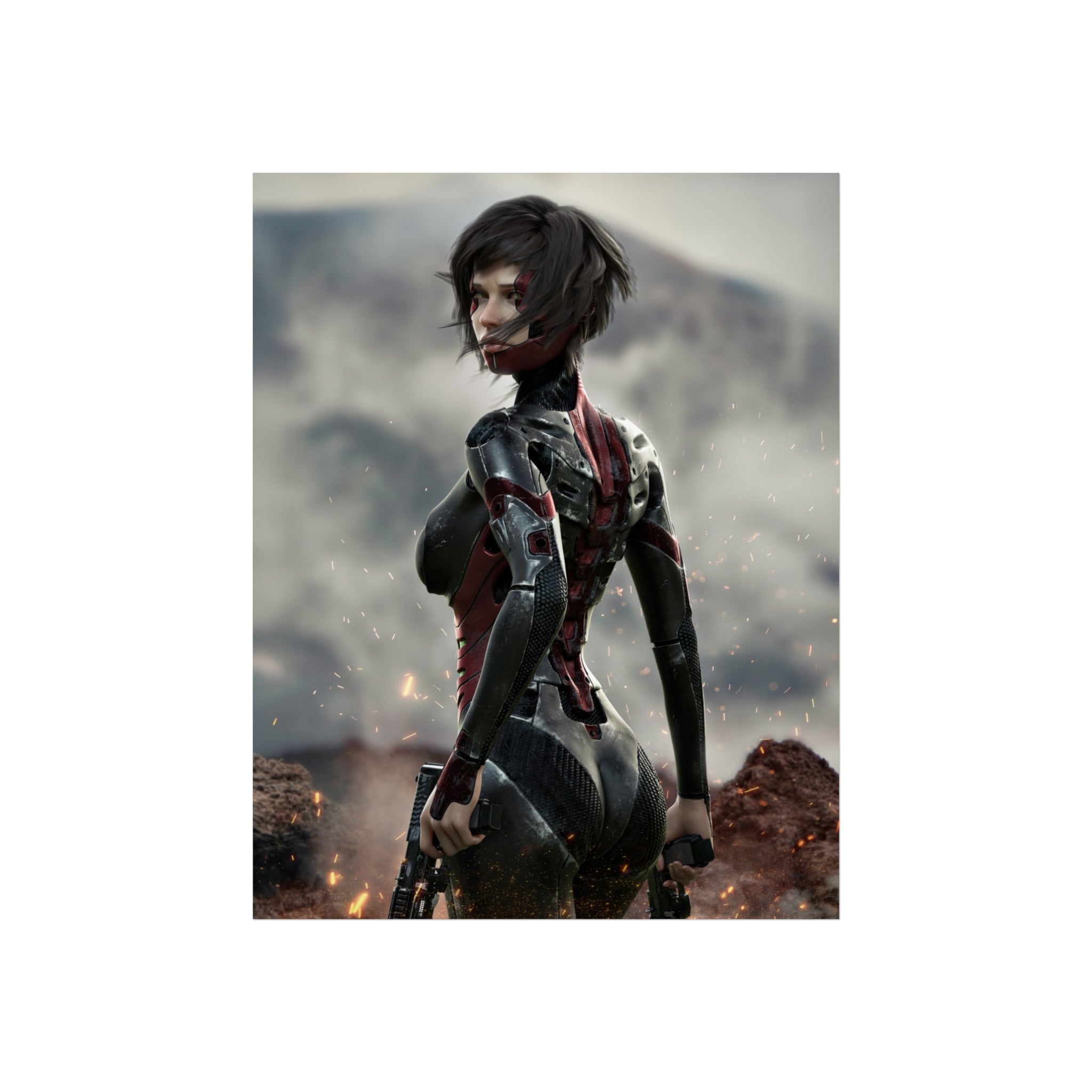 Póster de arte fino de guerrera de ciencia ficción — Arte de pared de soldado cibernética femenina - Sin IA - Arte ilustrativo creado por humanos