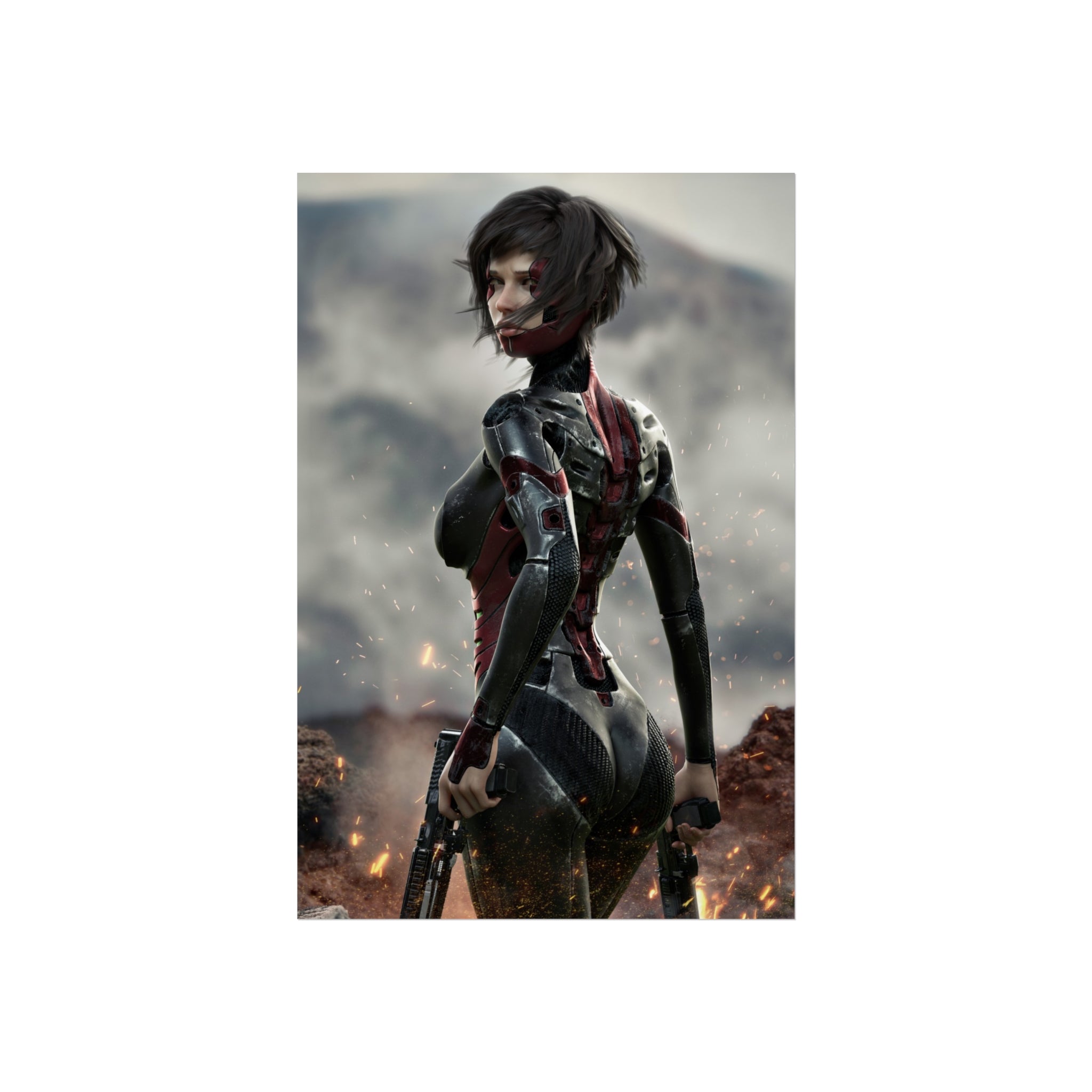 Póster de arte fino de guerrera de ciencia ficción — Arte de pared de soldado cibernética femenina - Sin IA - Arte ilustrativo creado por humanos