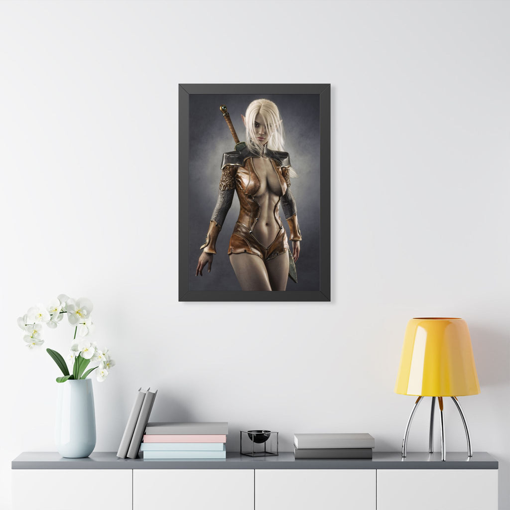 Framed Poster — Fantasy Warrior Woman Art Print (Vertical) - No AI - Human created illustration art