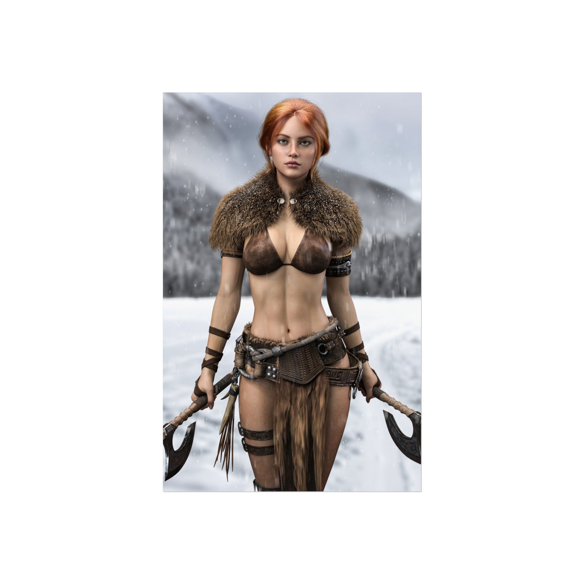Póster de arte de mujer guerrera vikinga - Estampa de luchadora nórdica pelirroja con hacha - No IA - Ilustración creada por humanos