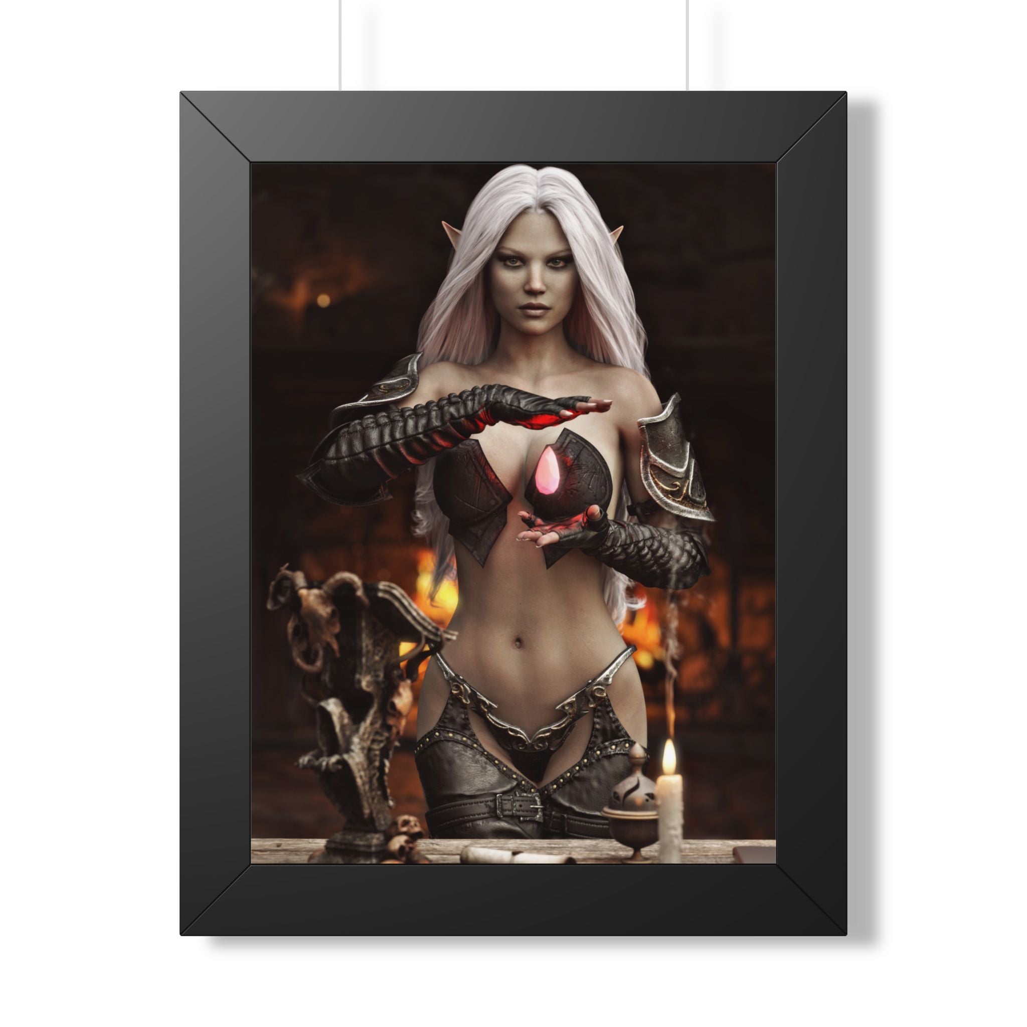 Framed Poster — Dark Fantasy Elf Sorceress with Glowing Orb- NO AI - Human made illustration