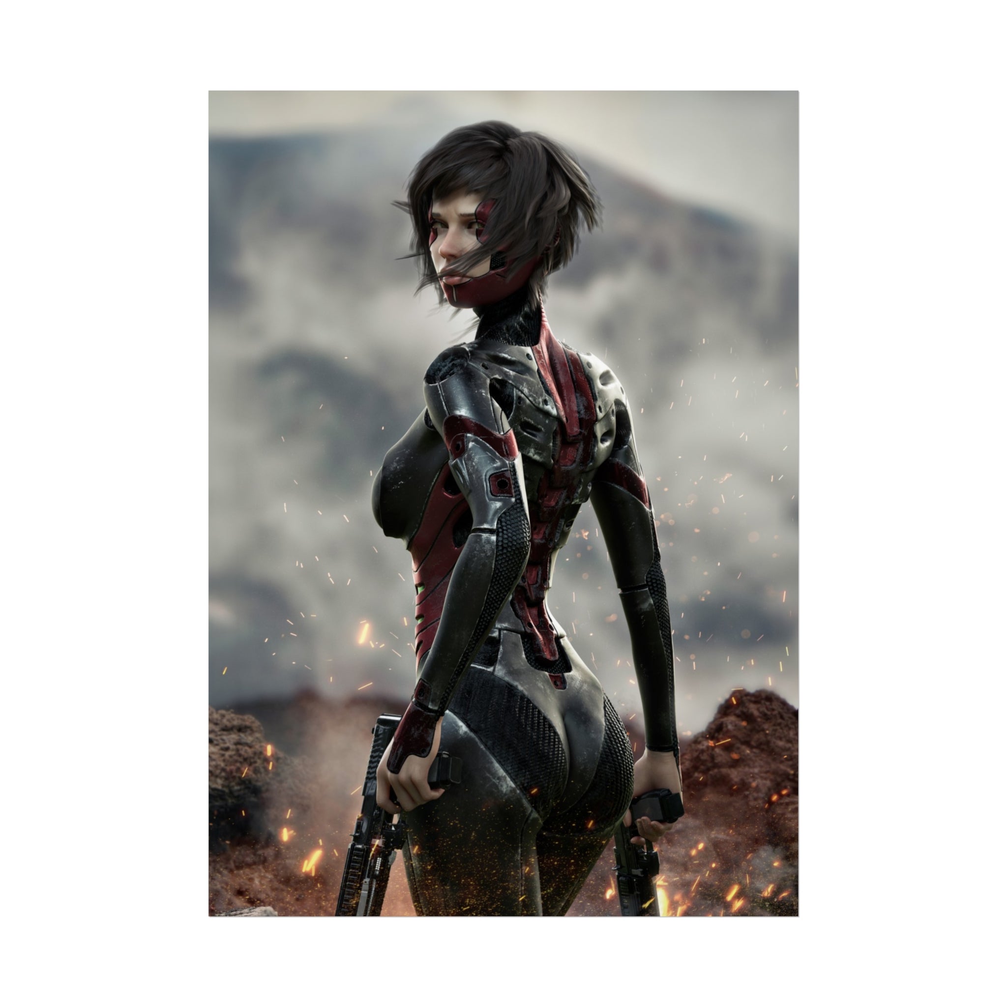 Póster de arte fino de guerrera de ciencia ficción — Arte de pared de soldado cibernética femenina - Sin IA - Arte ilustrativo creado por humanos