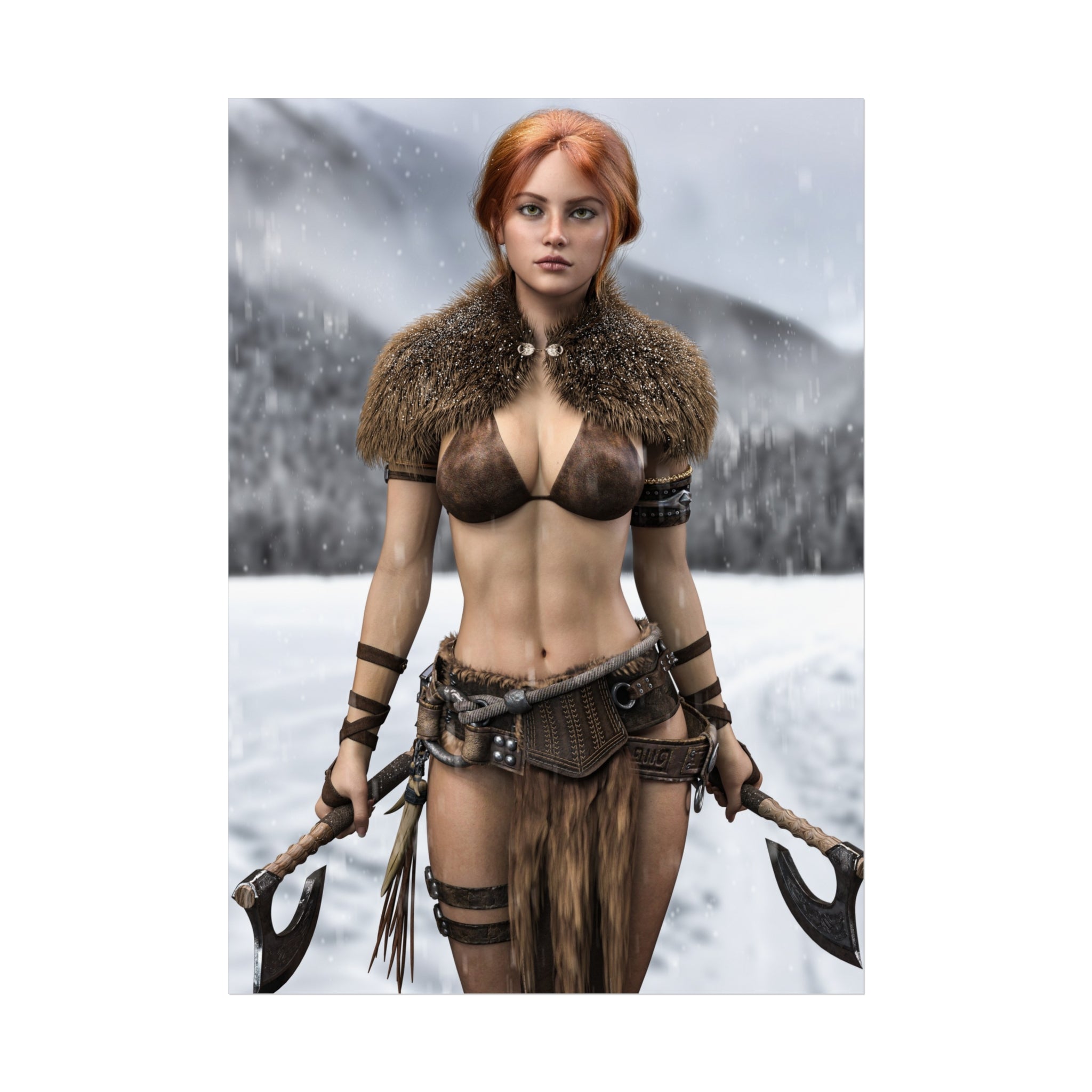 Viking Warrior Woman Fine Art Poster — Red-Haired Norse Axe Fighter Print