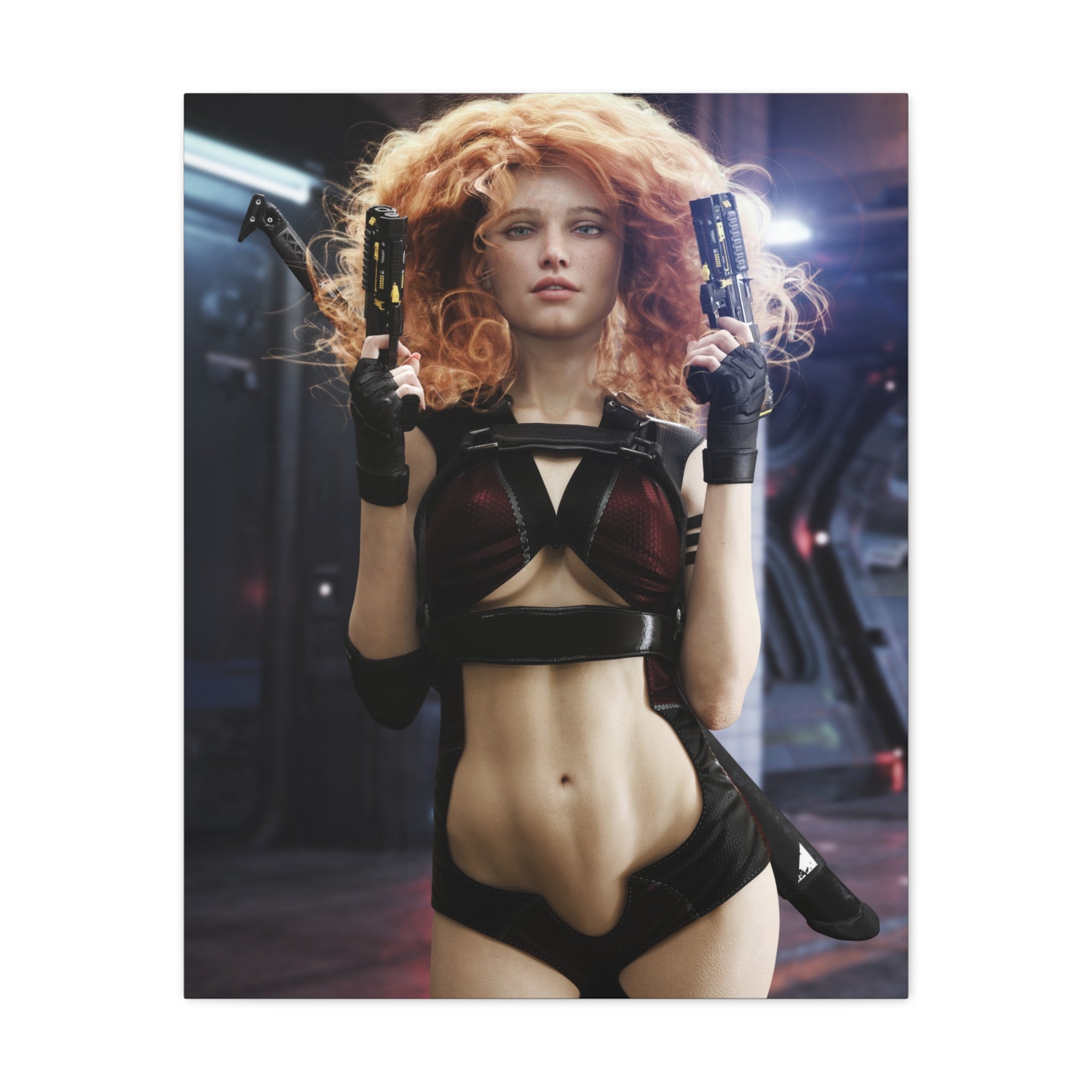Sci‑Fi Femme Fatale Canvas Print — Red‑Haired Space Gunslinger Matte Stretched- No AI - Human created illustration art