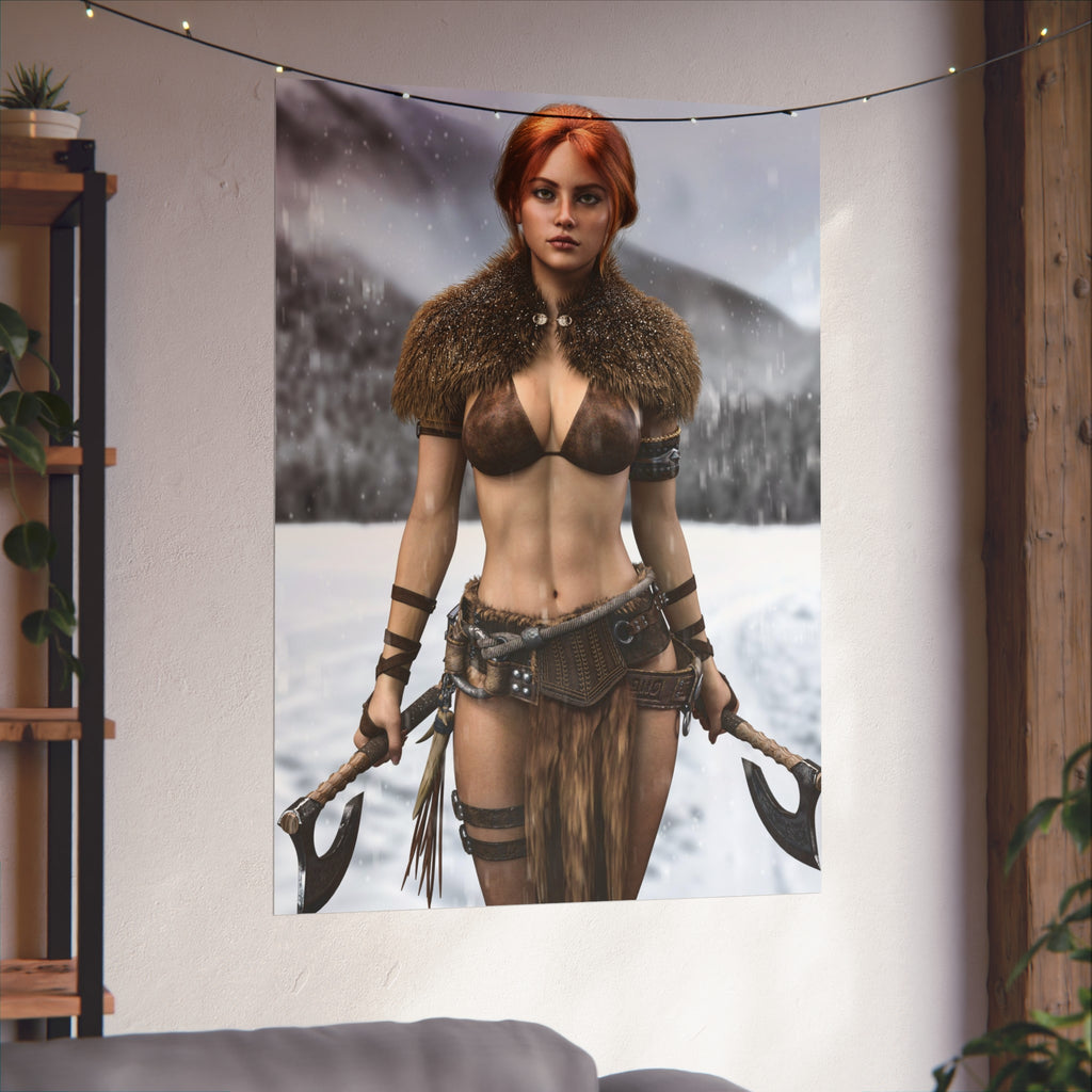 Viking Warrior Woman Fine Art Poster — Red-Haired Norse Axe Fighter Print