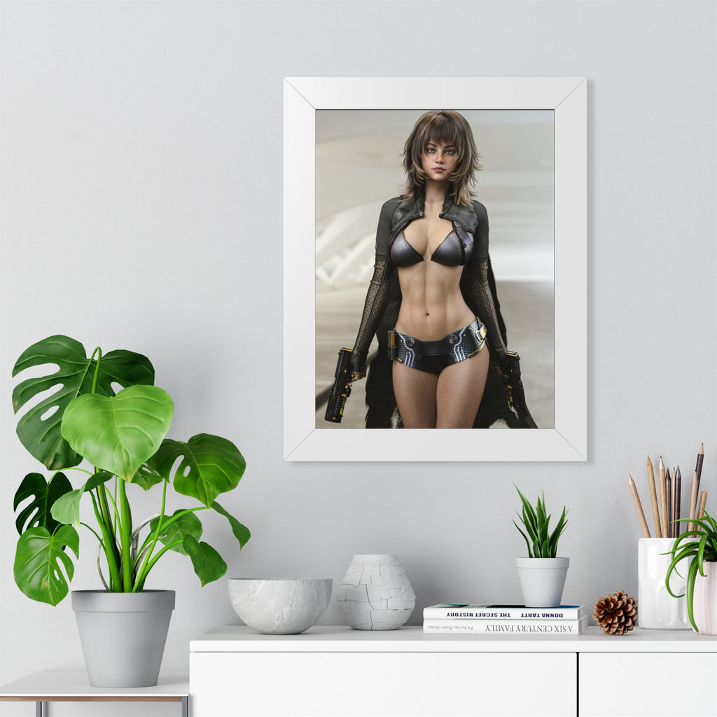 Framed Poster — Futuristic Female Warrior Art Print- No AI - Human created illustration art