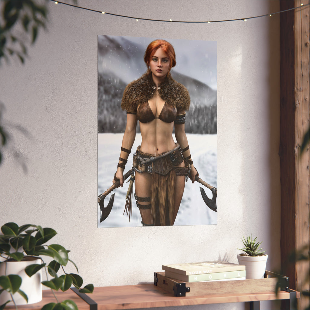 Viking Warrior Woman Fine Art Poster — Red-Haired Norse Axe Fighter Print