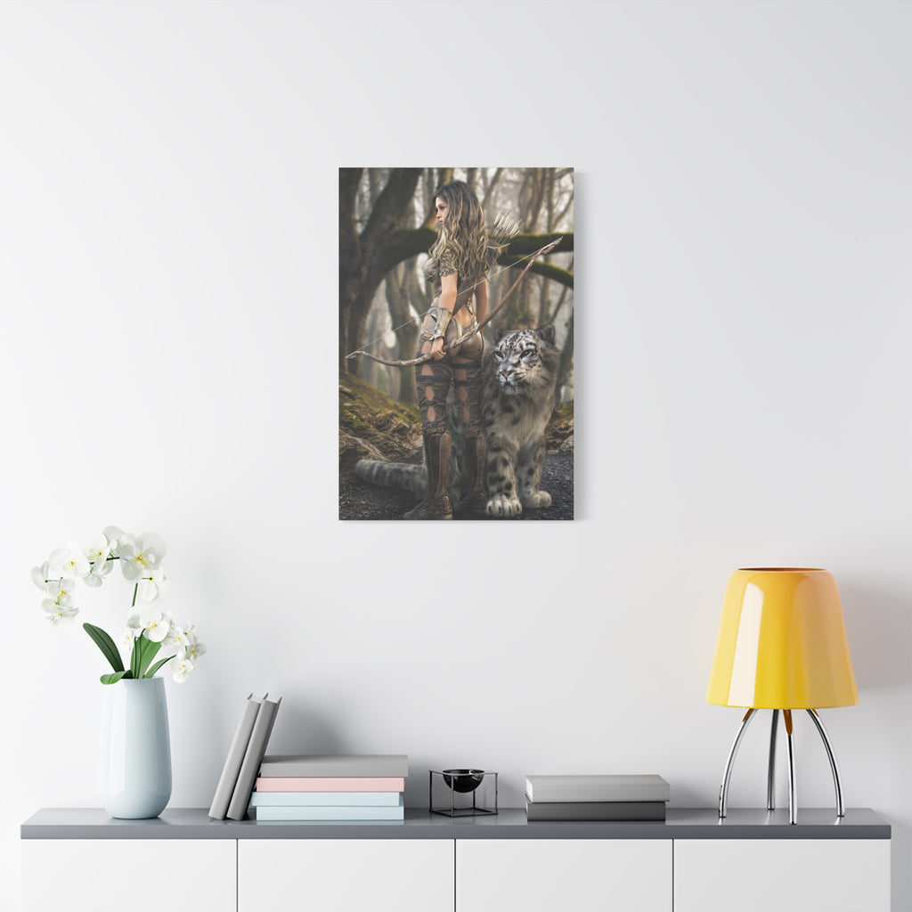 Fantasy Archer Warrior with  Leopard - Matte Stretched Canvas Wall Art - No ai - human created illustration art