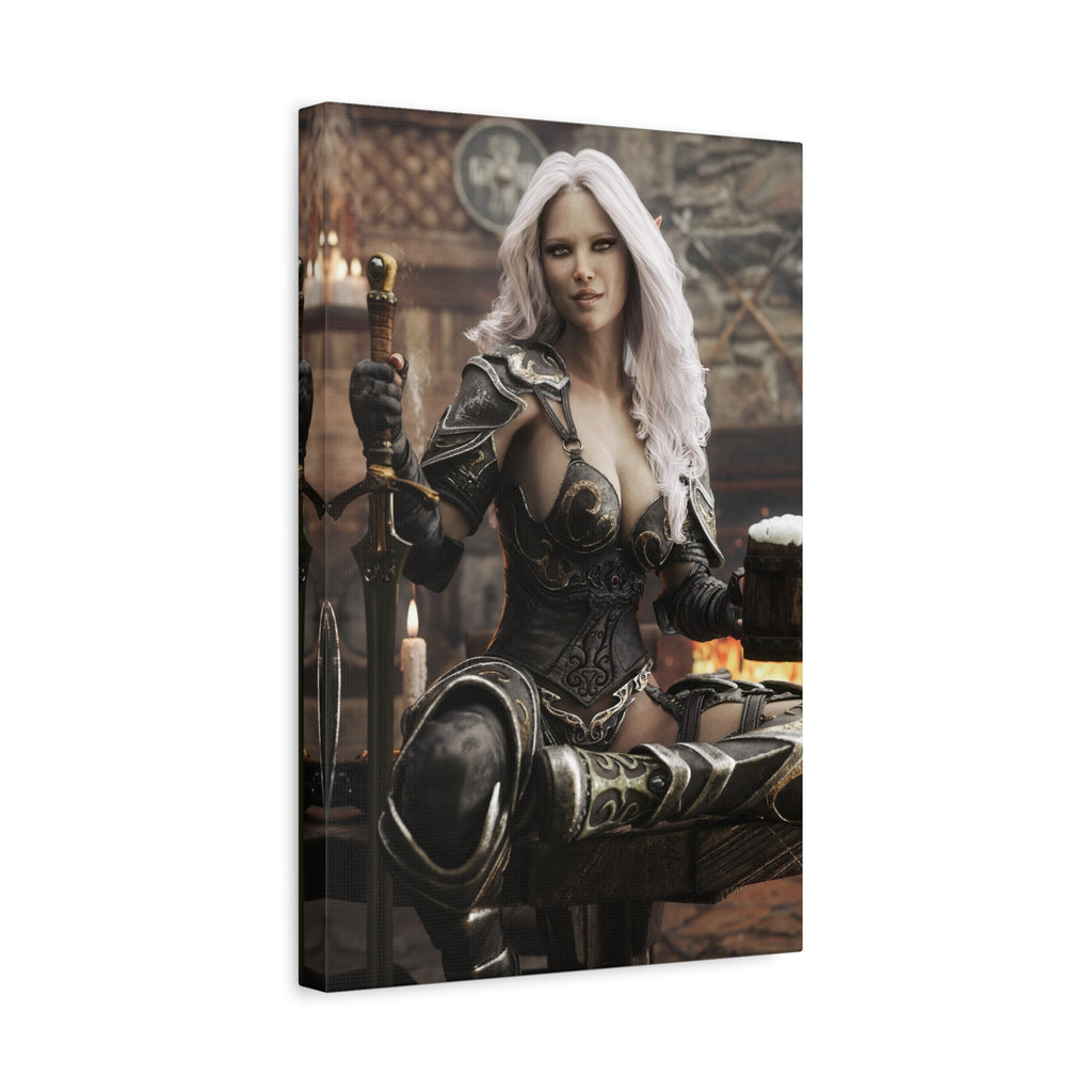 Fantasy Warrior Woman Canvas Print — Armored Dark elf in Tavern Portrait-No AI- Human created illustration art