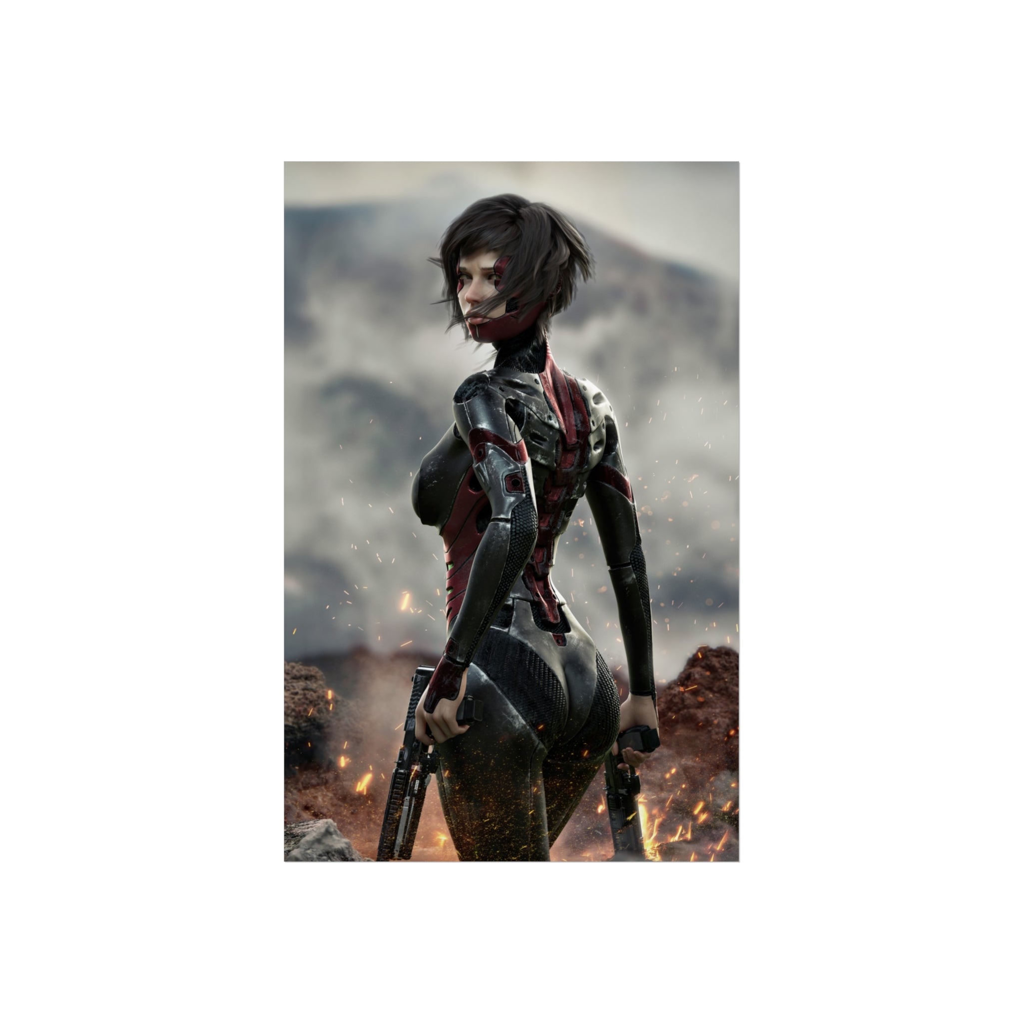 Póster de arte fino de guerrera de ciencia ficción — Arte de pared de soldado cibernética femenina - Sin IA - Arte ilustrativo creado por humanos