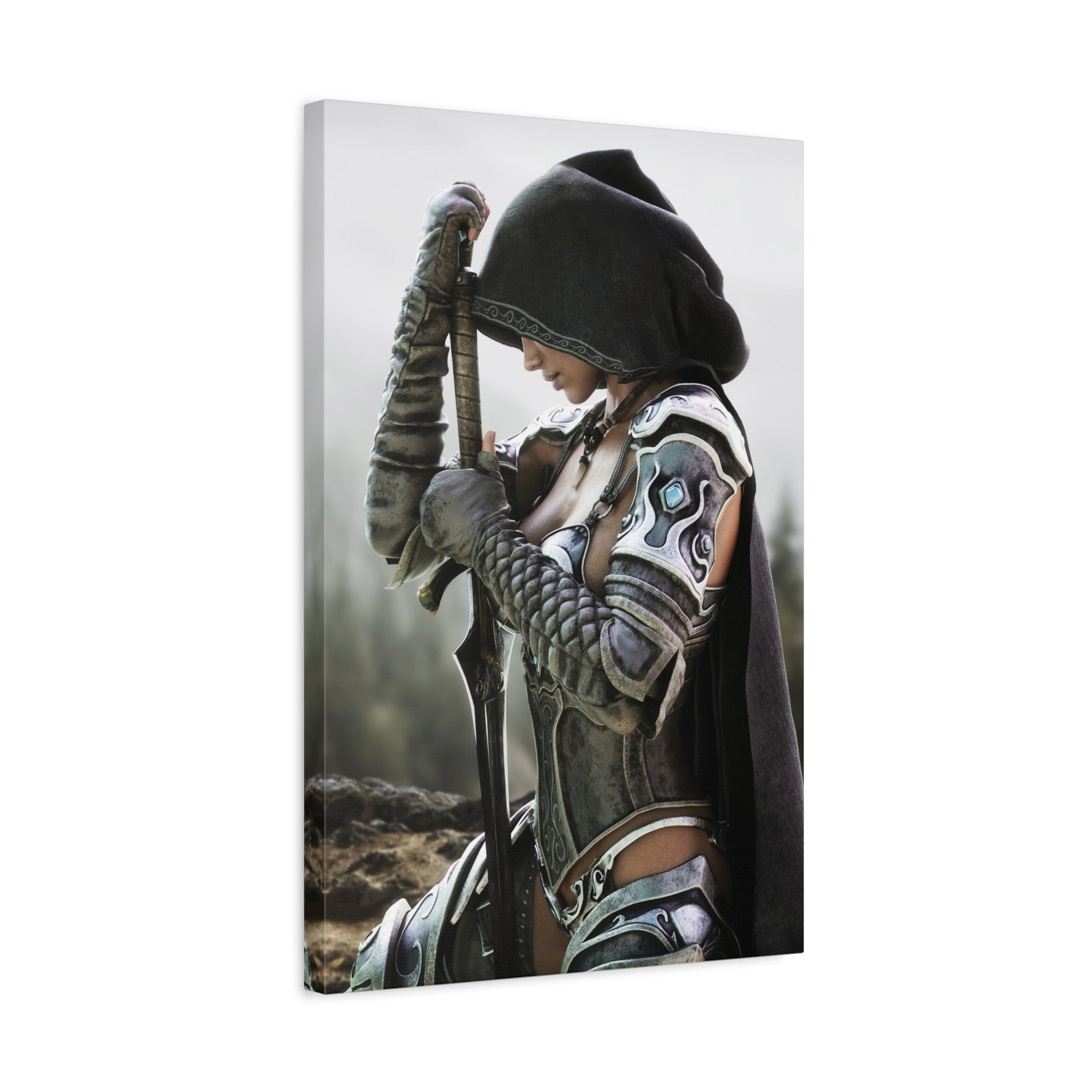 Fantasy Warrior Canvas Print — Hooded Female Knight Matte Stretched Wall Art- No AI- Human created fantasy art