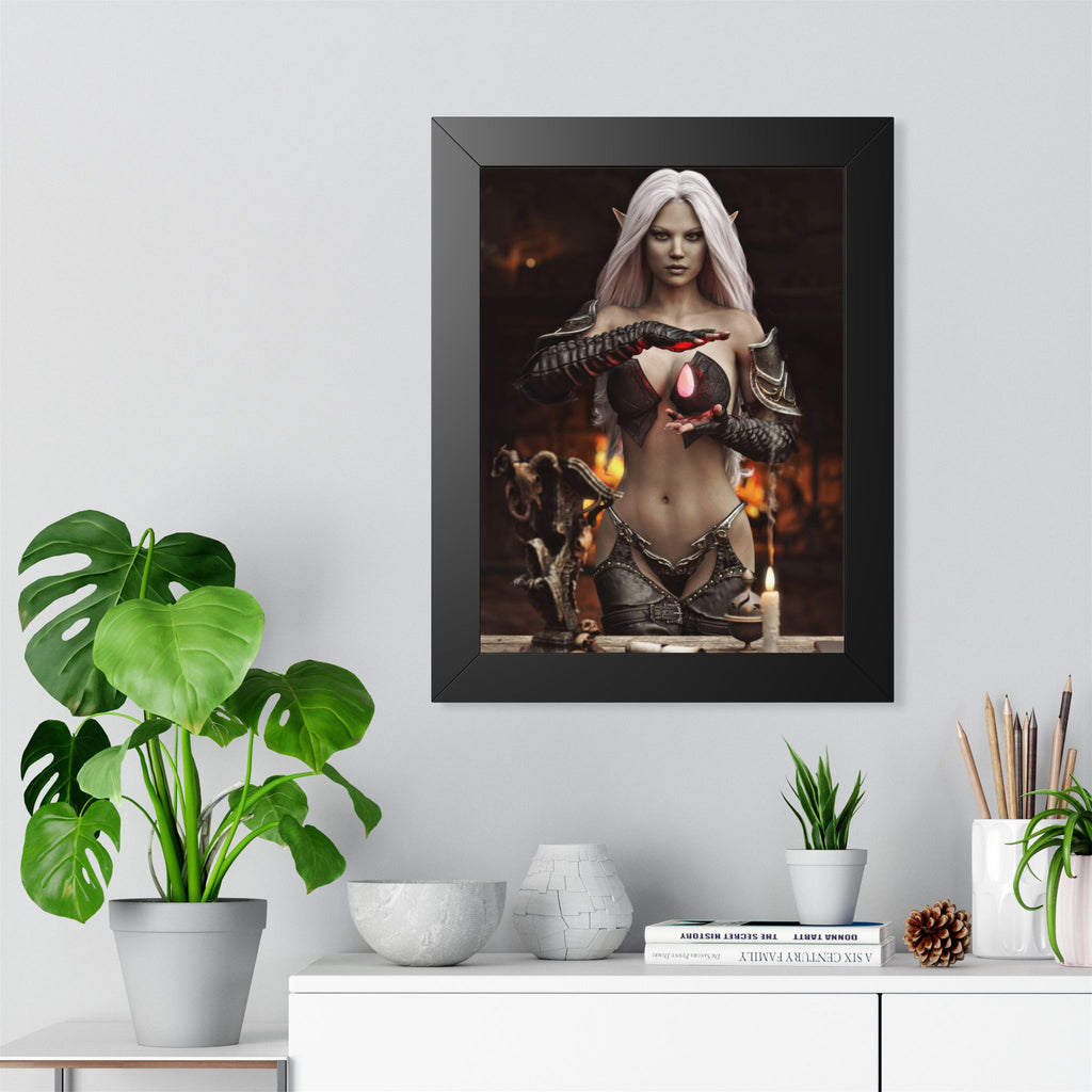 Framed Poster — Dark Fantasy Elf Sorceress with Glowing Orb- NO AI - Human made illustration