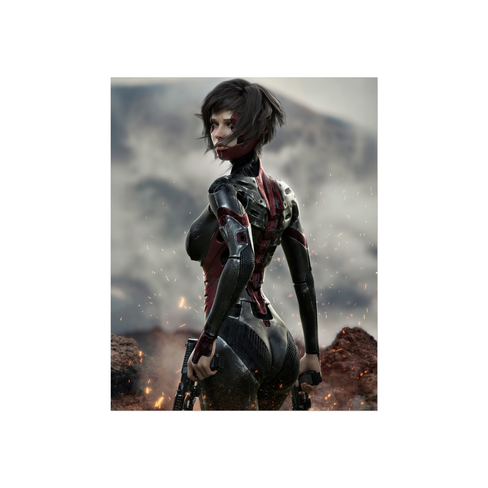 Póster de arte fino de guerrera de ciencia ficción — Arte de pared de soldado cibernética femenina - Sin IA - Arte ilustrativo creado por humanos