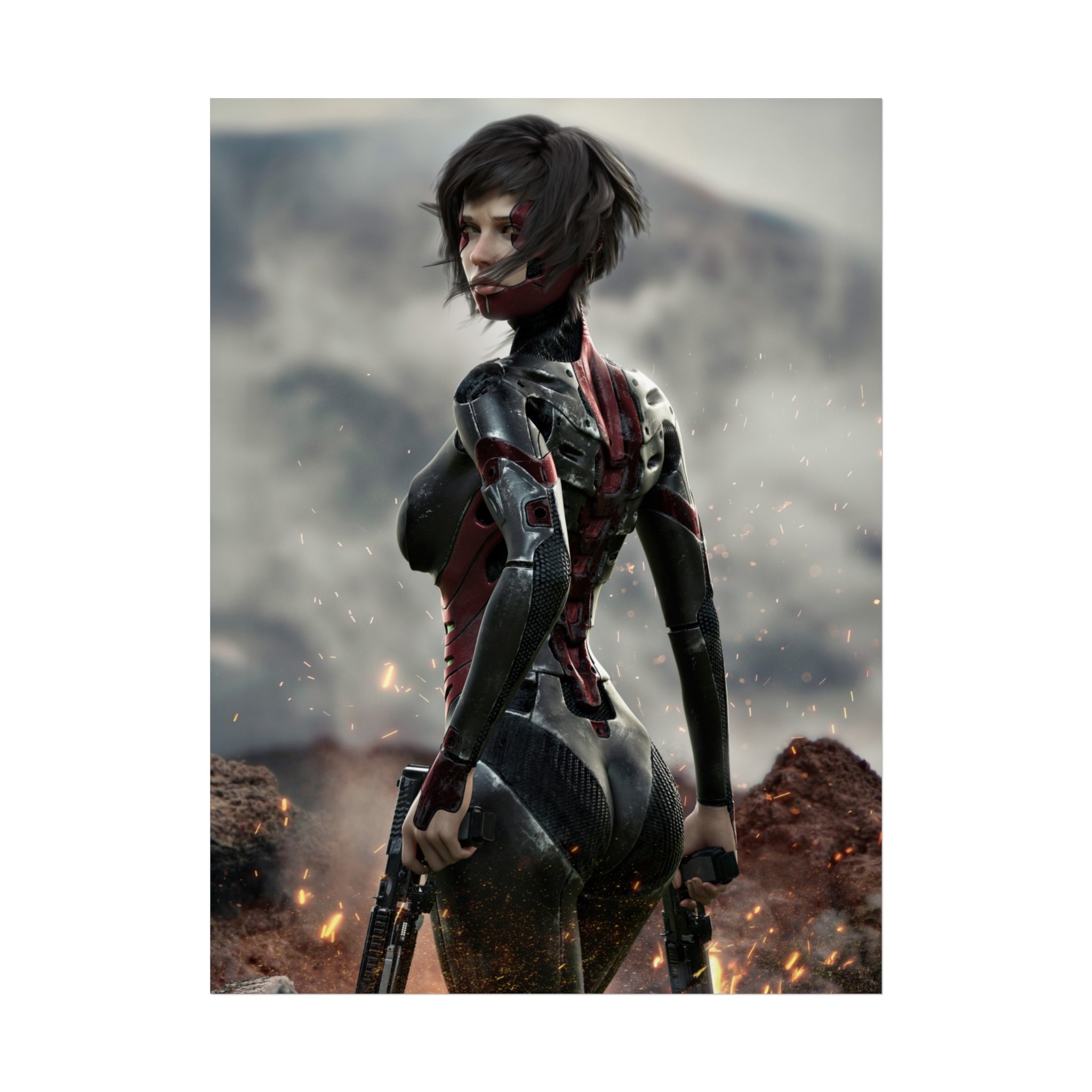 Póster de arte fino de guerrera de ciencia ficción — Arte de pared de soldado cibernética femenina - Sin IA - Arte ilustrativo creado por humanos