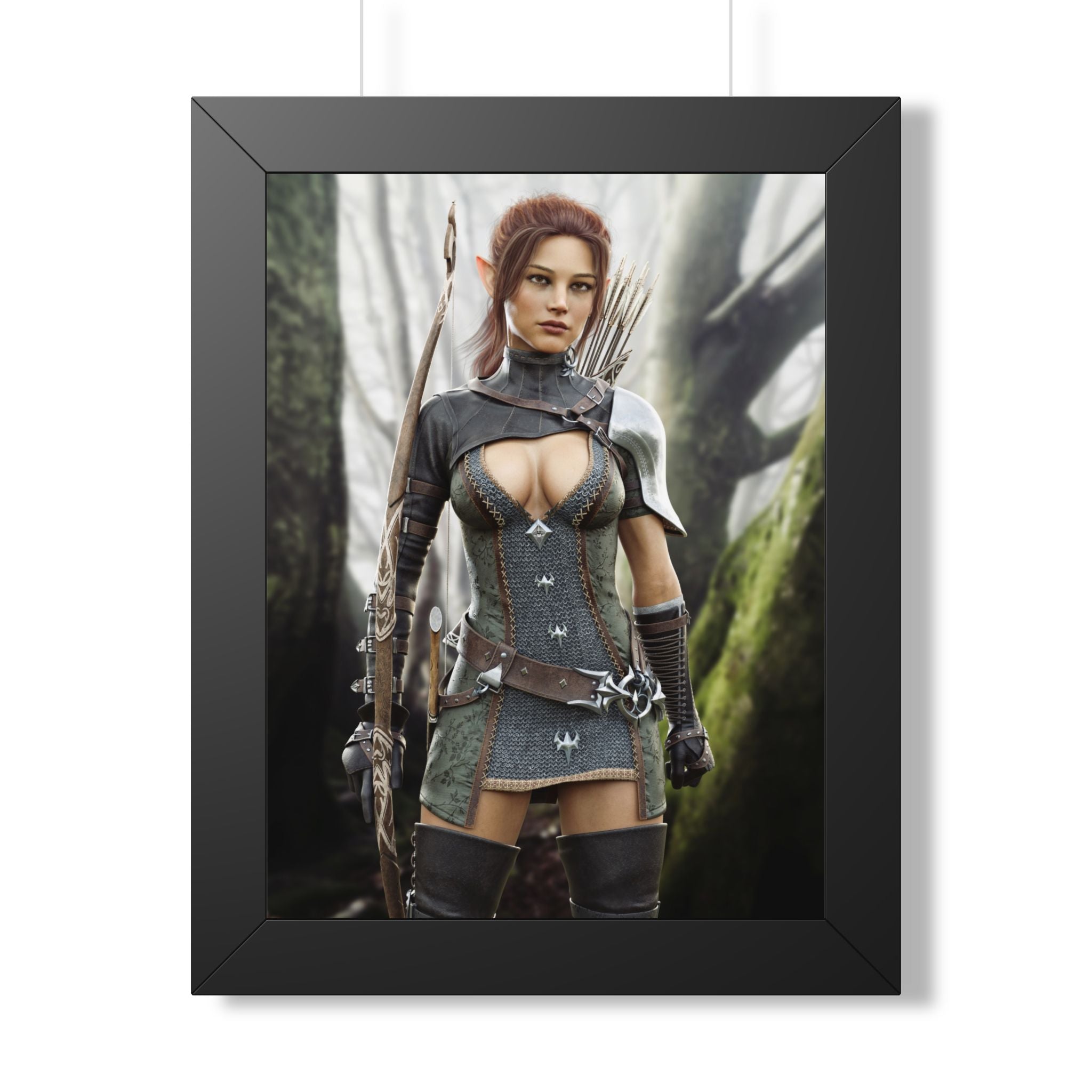 Póster Enmarcado Arquera Elfa Silvana Fantasía — Arte de Pared Guardabosques Femenina - Sin IA, arte ilustrativo creado por humanos