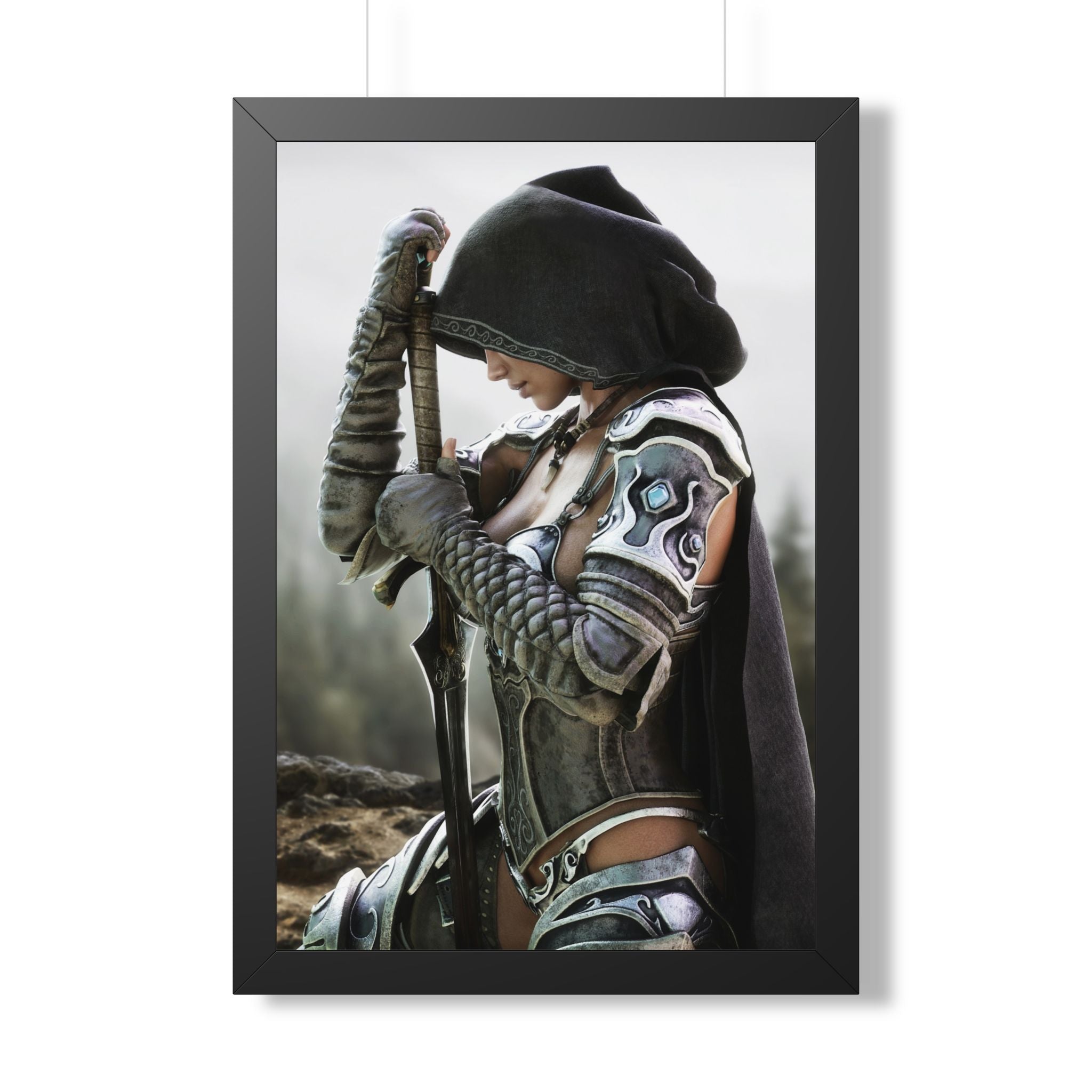 Póster enmarcado — Obra de arte de guerrera de fantasía (vertical) - Sin IA - Ilustración creada por humanos
