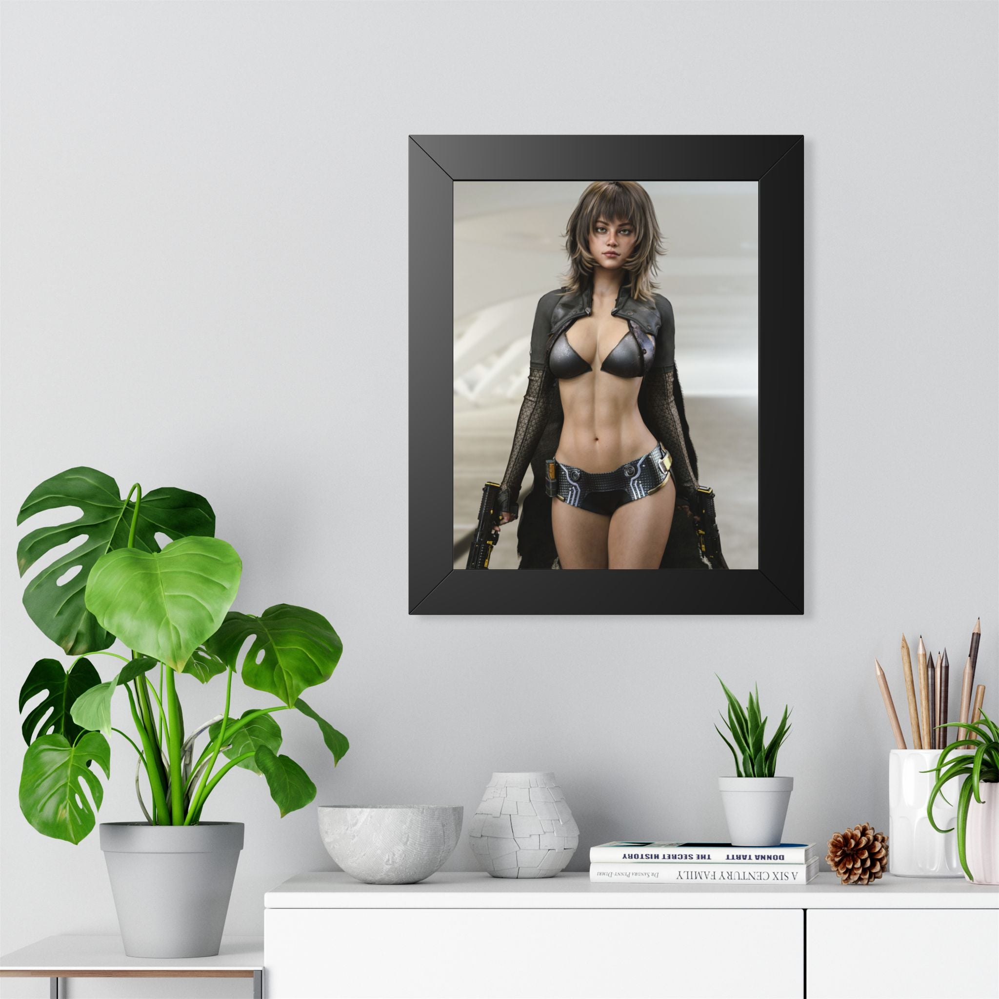 Framed Poster — Futuristic Female Warrior Art Print- No AI - Human created illustration art