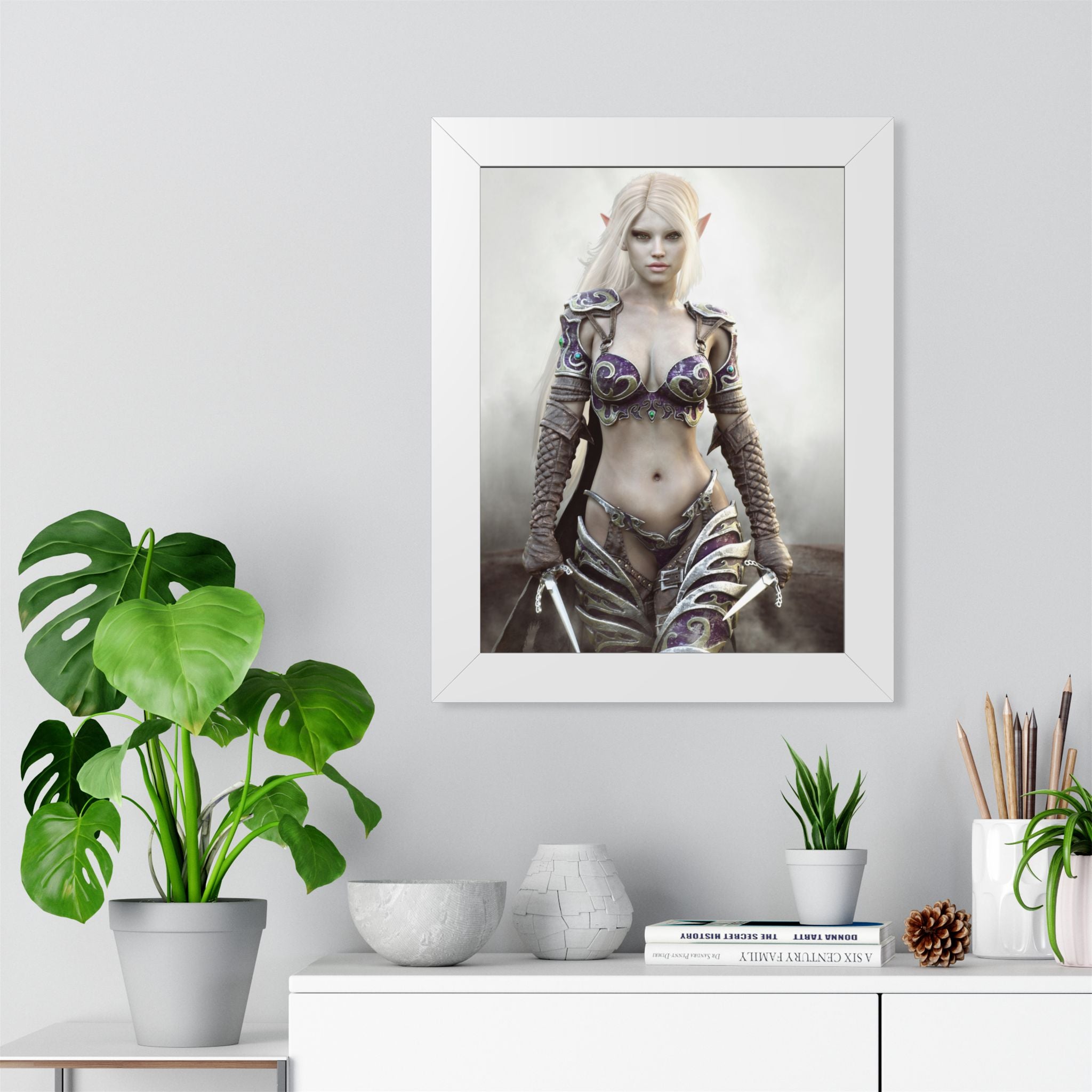 Framed Poster — Fantasy Dark Elf Elven Warrior Art Print - No AI- Human created illustration art