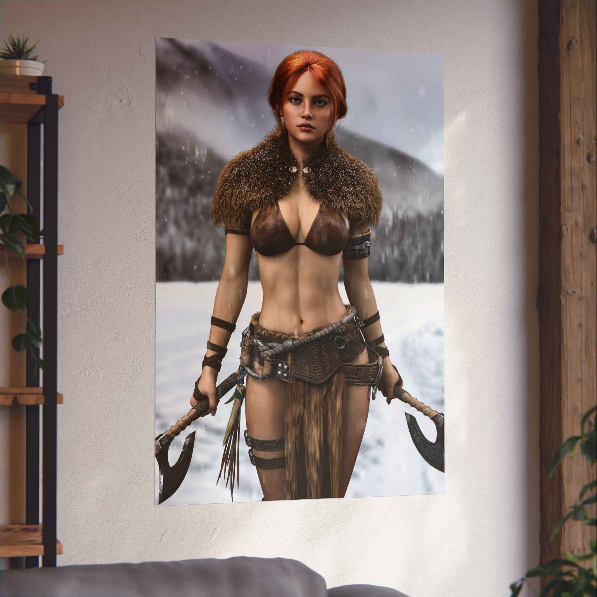Viking Warrior Woman Fine Art Poster — Red-Haired Norse Axe Fighter Print