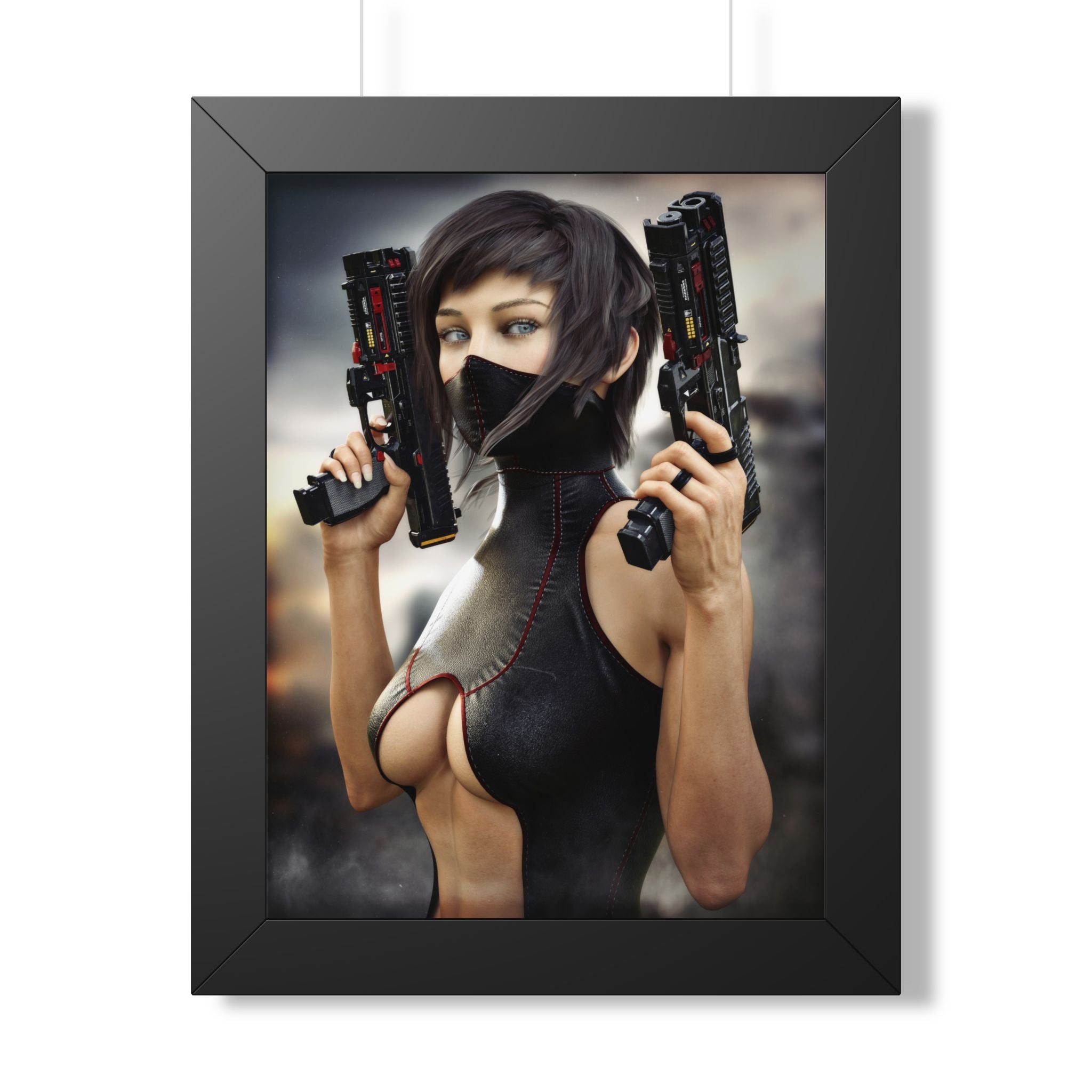 Framed Poster — Cyberpunk Female Assassin Art Print - No AI - Human created illustration art