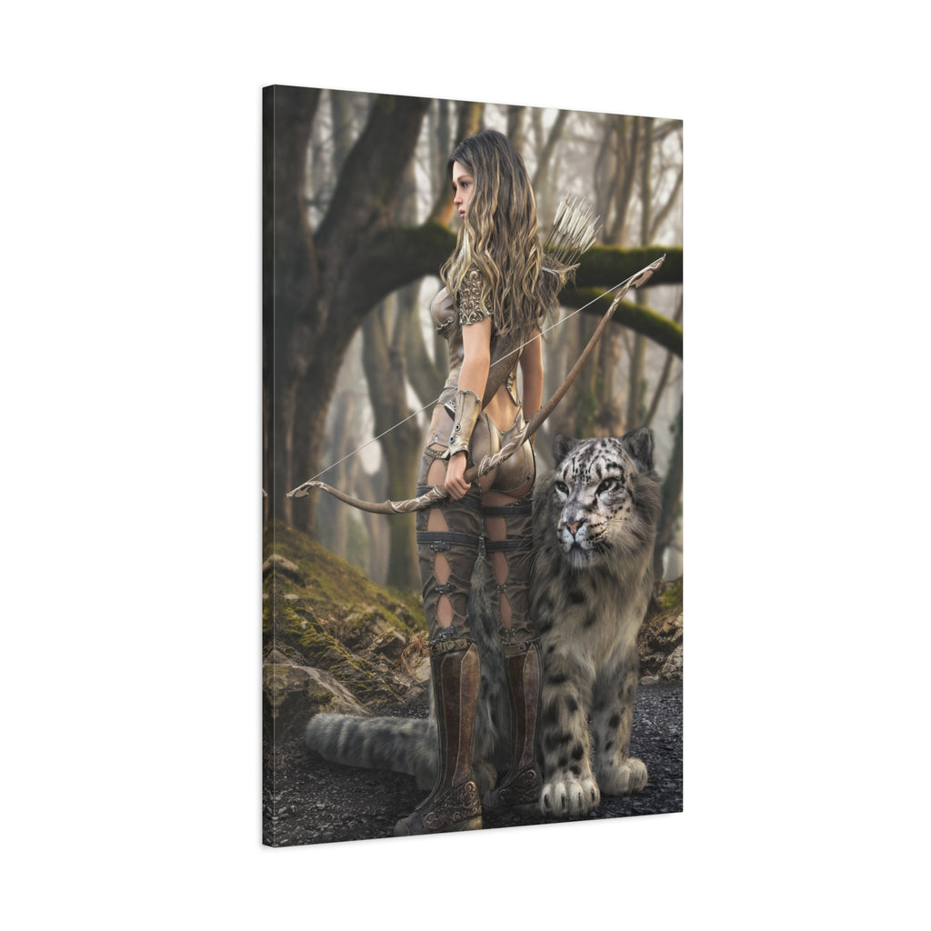 Fantasy Archer Warrior with  Leopard - Matte Stretched Canvas Wall Art - No ai - human created illustration art