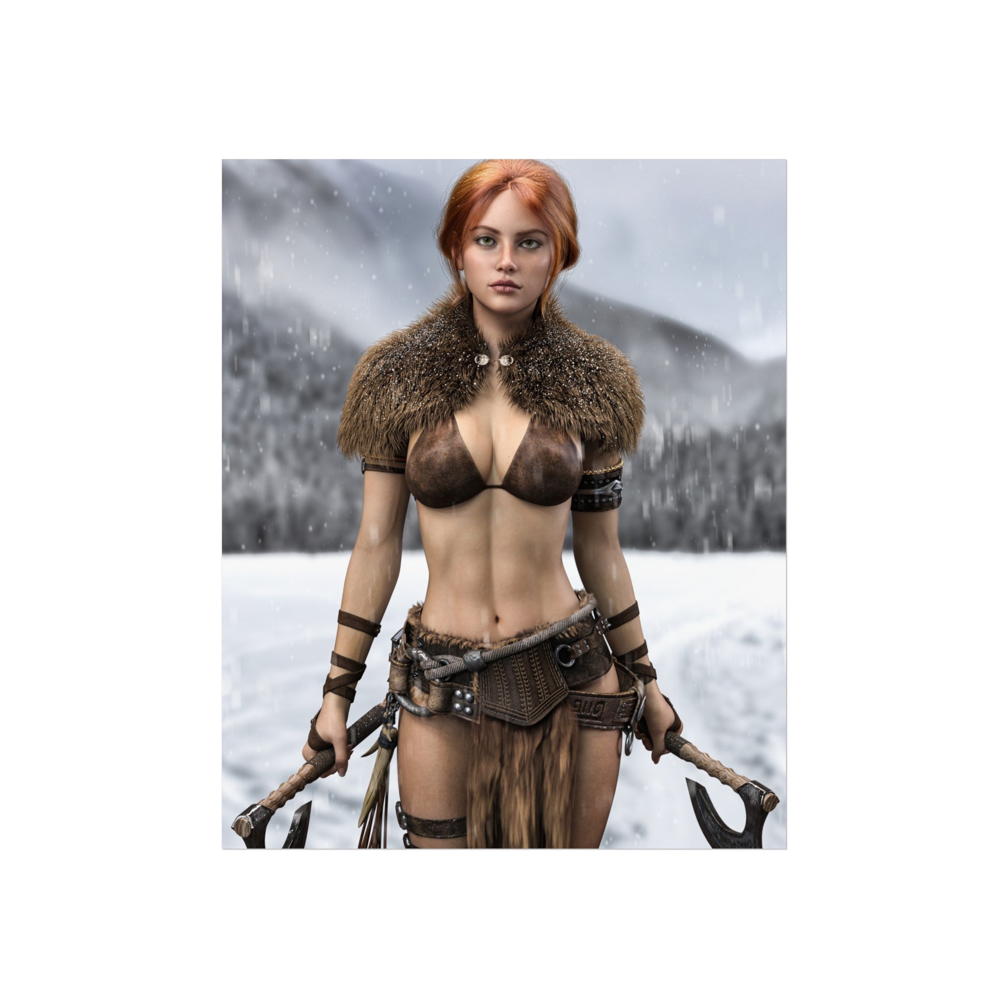 Viking Warrior Woman Fine Art Poster — Red-Haired Norse Axe Fighter Print