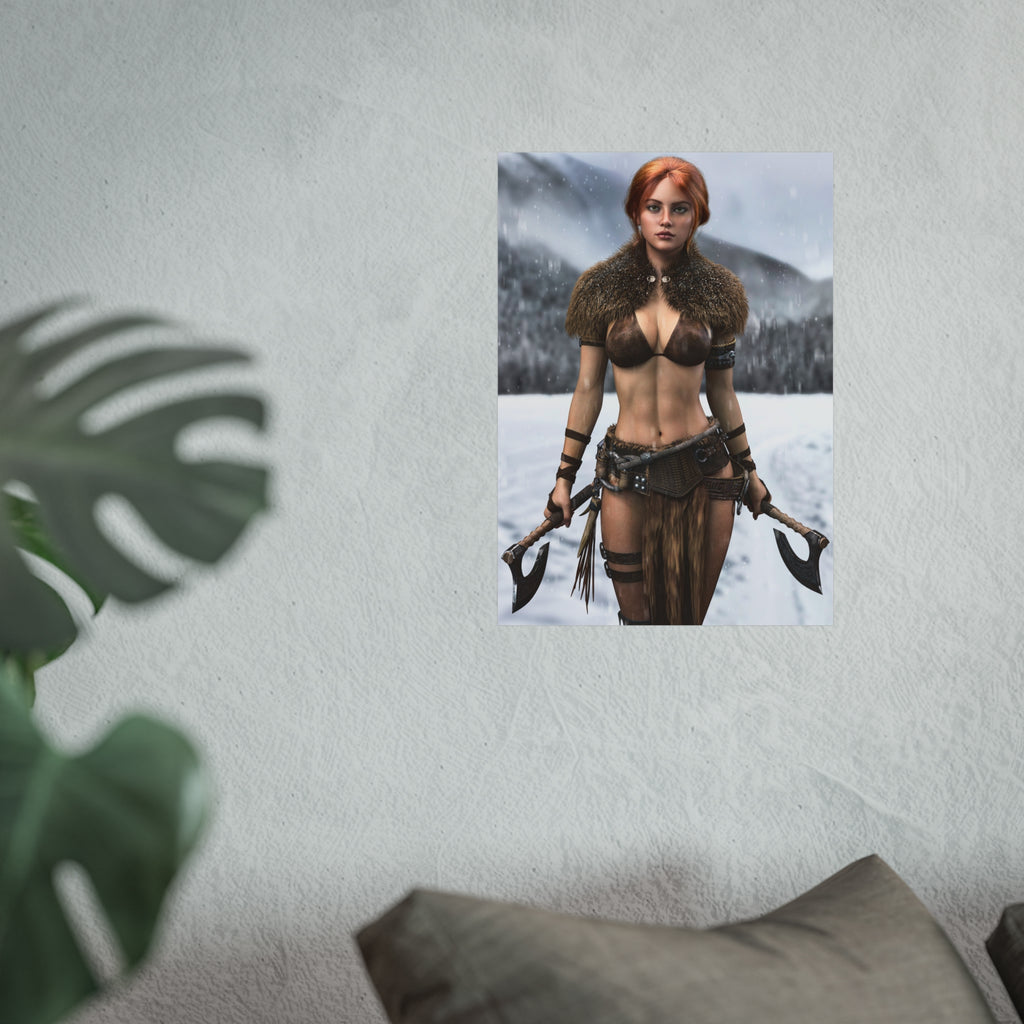 Viking Warrior Woman Fine Art Poster — Red-Haired Norse Axe Fighter Print