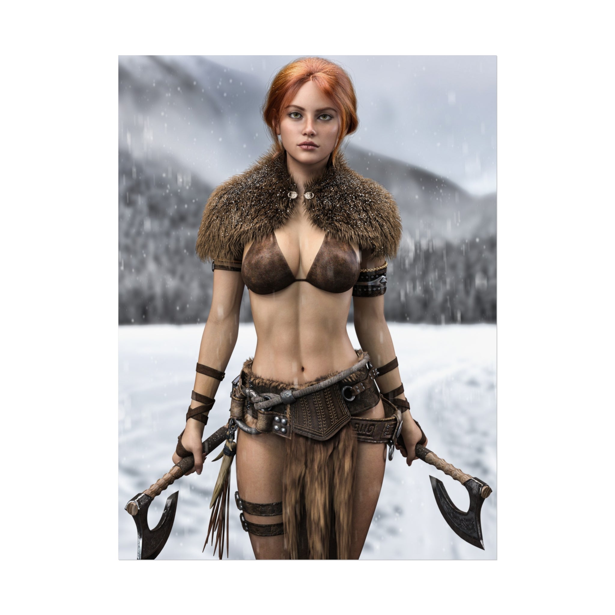Póster de arte de mujer guerrera vikinga - Estampa de luchadora nórdica pelirroja con hacha - No IA - Ilustración creada por humanos