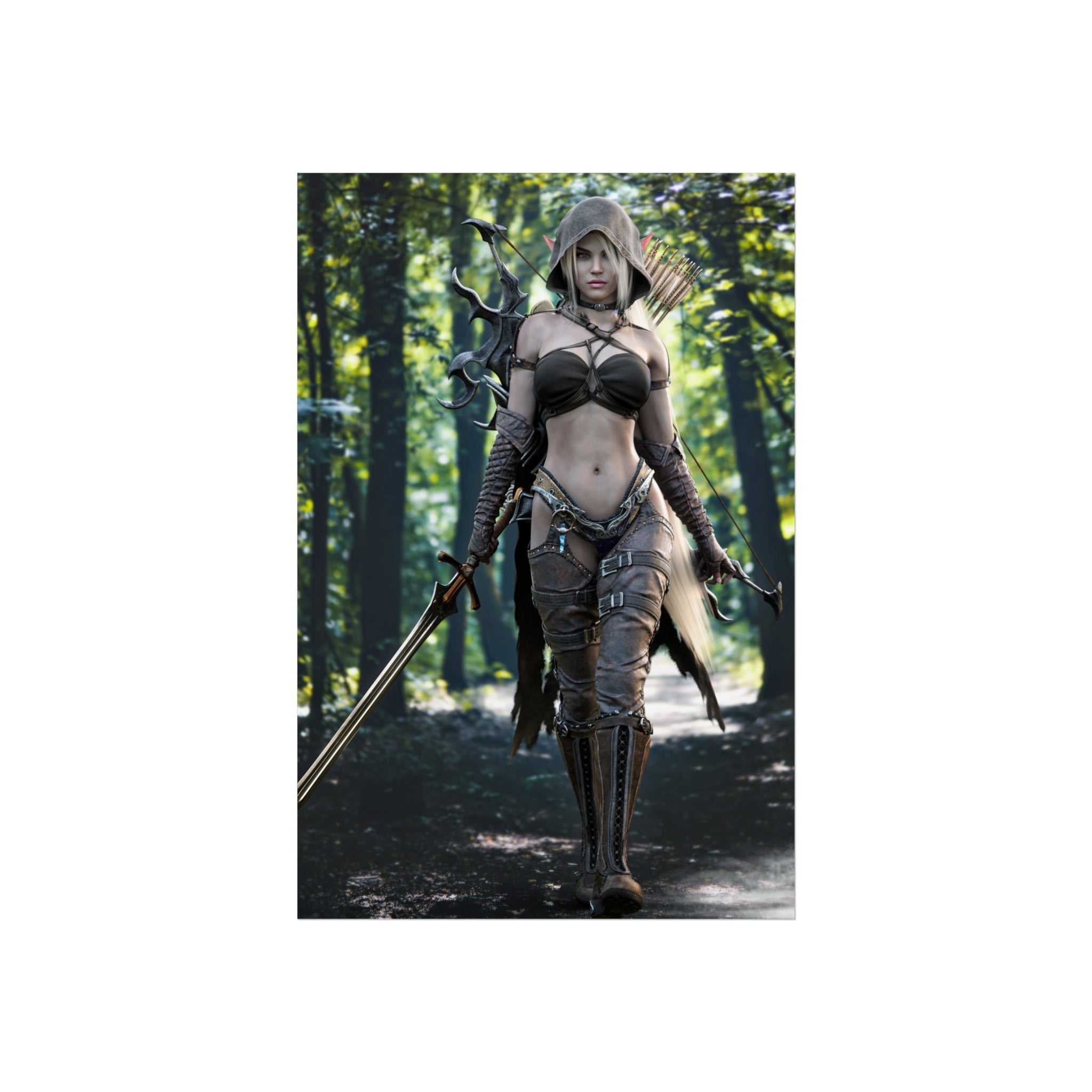 Póster de bellas artes de elfa guerrera de fantasía — Arquera cazadora en bosque encantado - Sin IA - Arte ilustrado creado por humanos