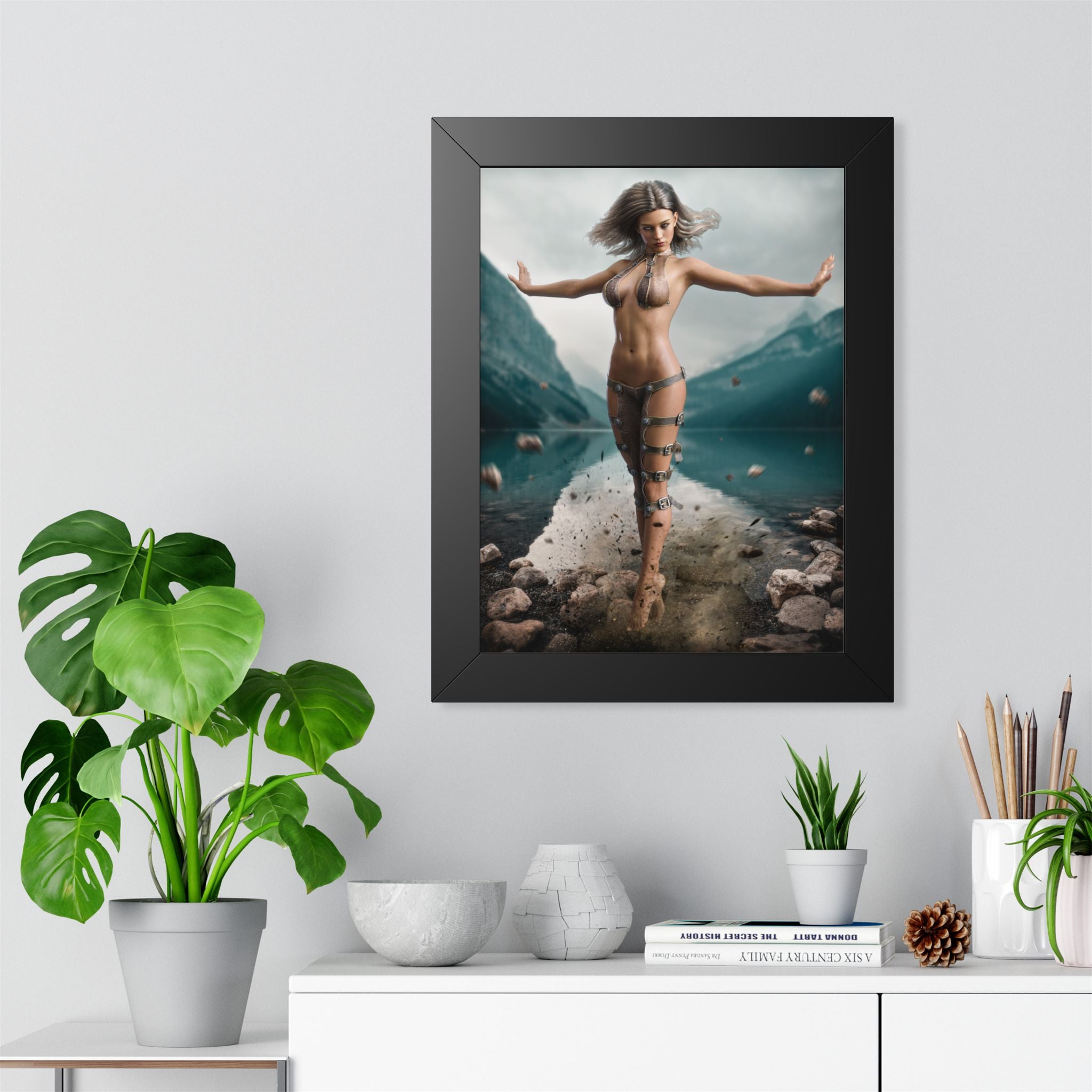 Framed Poster — Ethereal Goddess Sorceress Lake Art Print -No AI- Human created illustration art