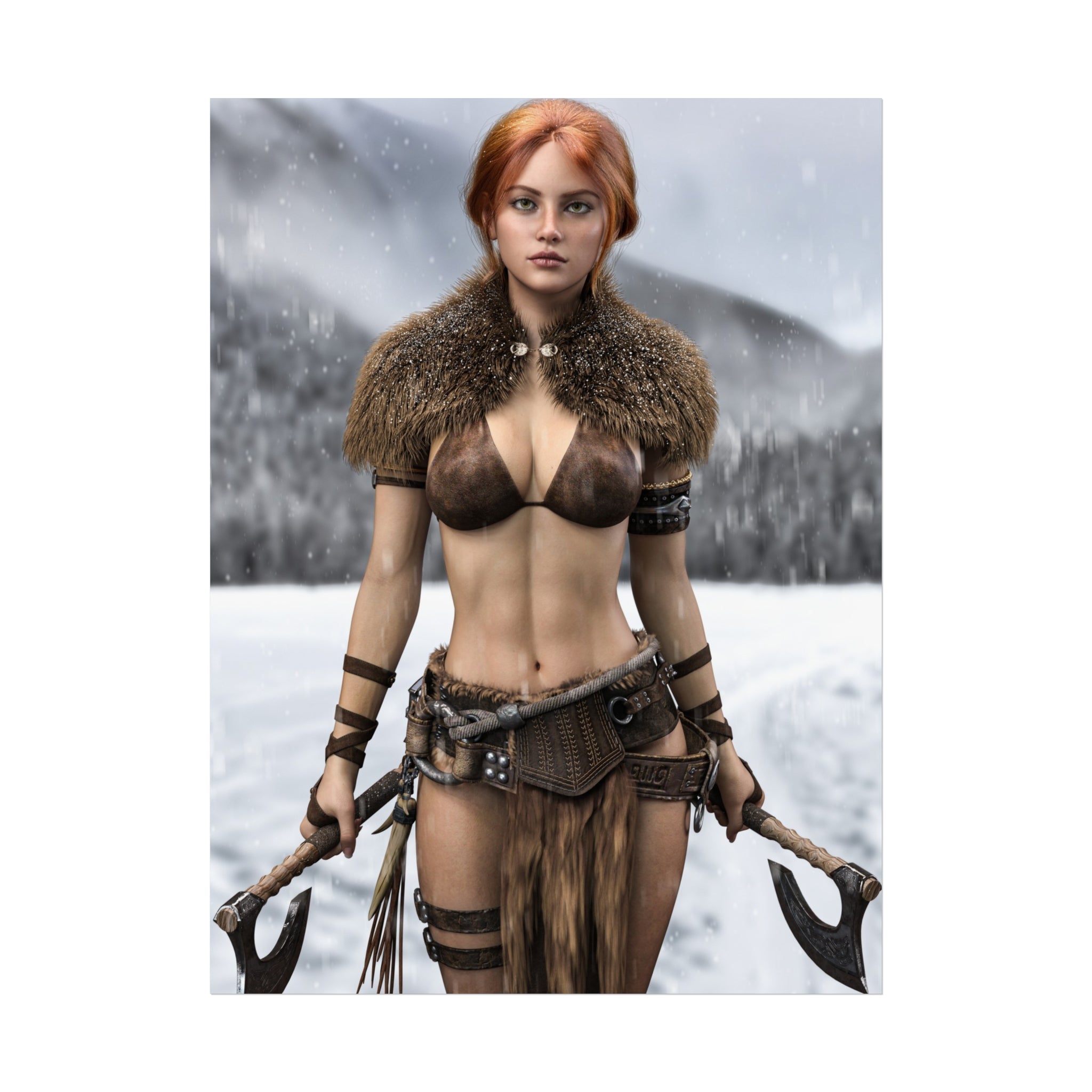 Viking Warrior Woman Fine Art Poster — Red-Haired Norse Axe Fighter Print