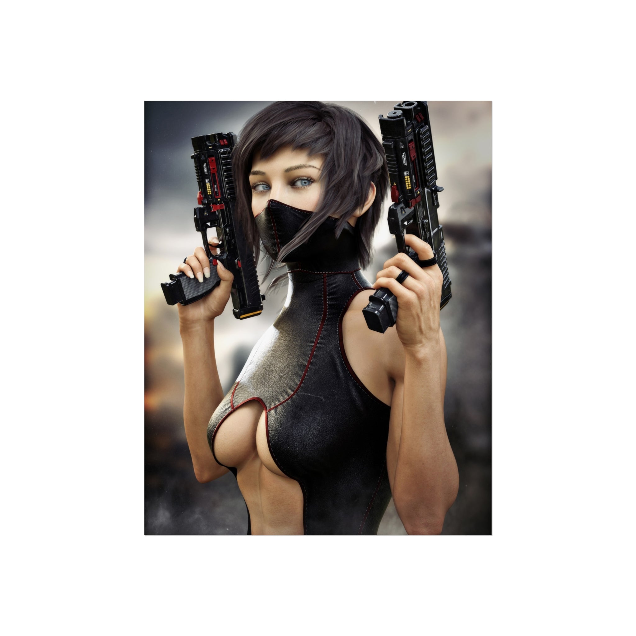 Póster de arte fino de asesina ciberpunk — Arte de pared de pistolera futurista - No IA - Ilustración creada por humanos