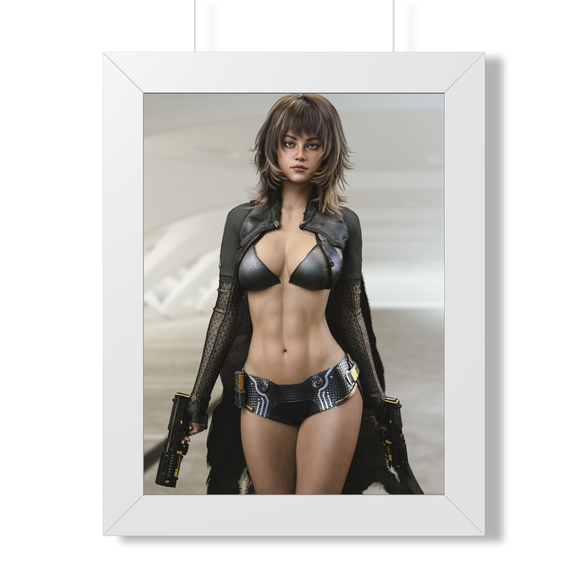 Framed Poster — Futuristic Female Warrior Art Print- No AI - Human created illustration art