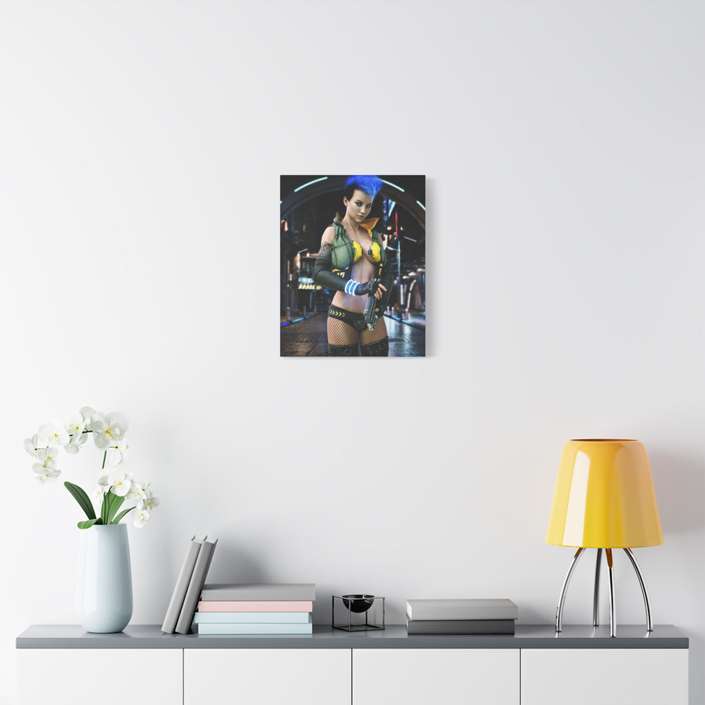 Cyberpunk Femme Fatale Canvas Print — Matte Stretched Wall Art -No AI- Human created illustration art