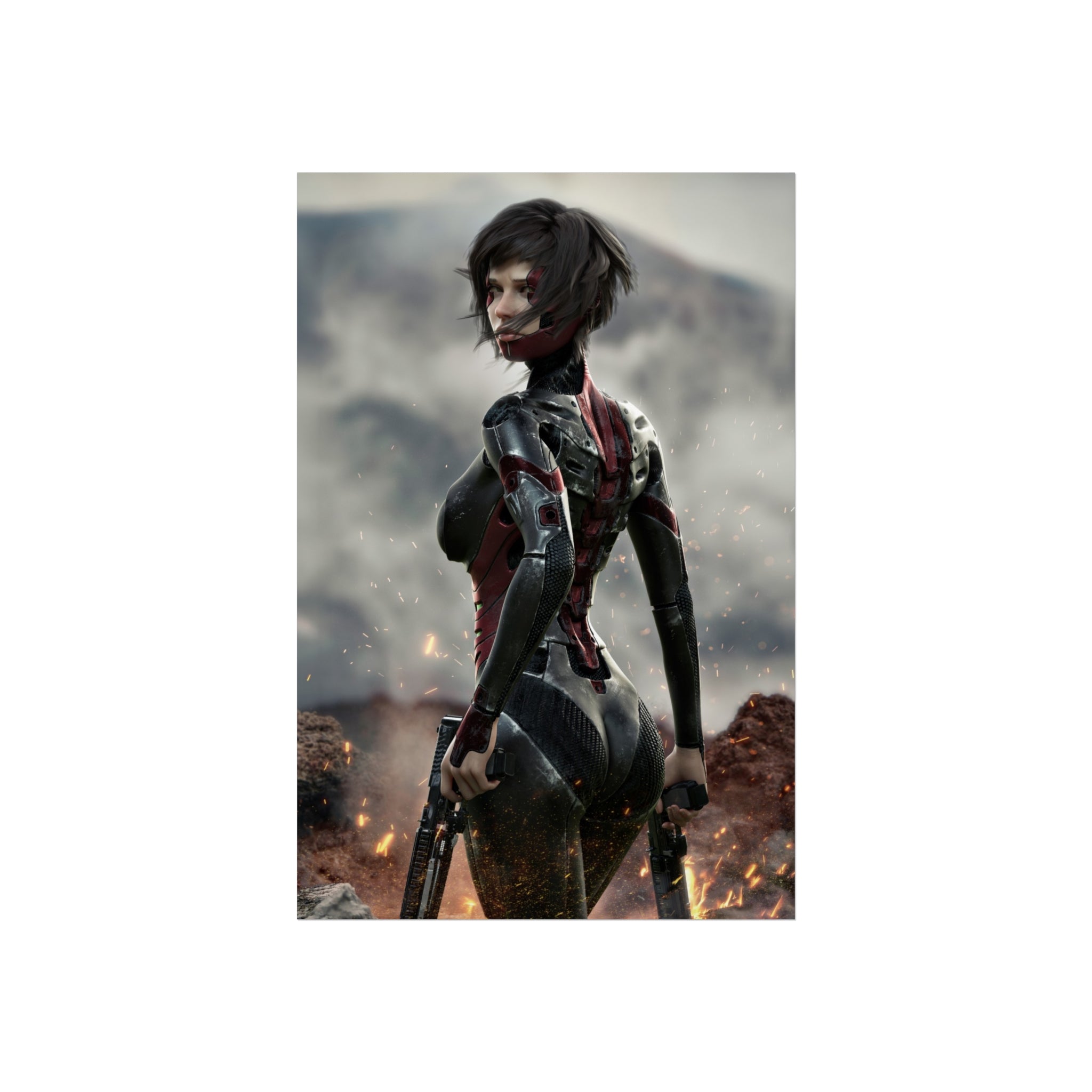 Póster de arte fino de guerrera de ciencia ficción — Arte de pared de soldado cibernética femenina - Sin IA - Arte ilustrativo creado por humanos