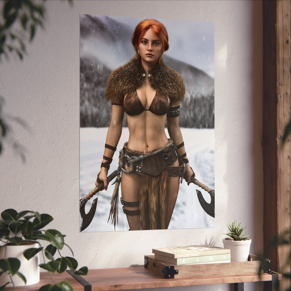 Viking Warrior Woman Fine Art Poster — Red-Haired Norse Axe Fighter Print