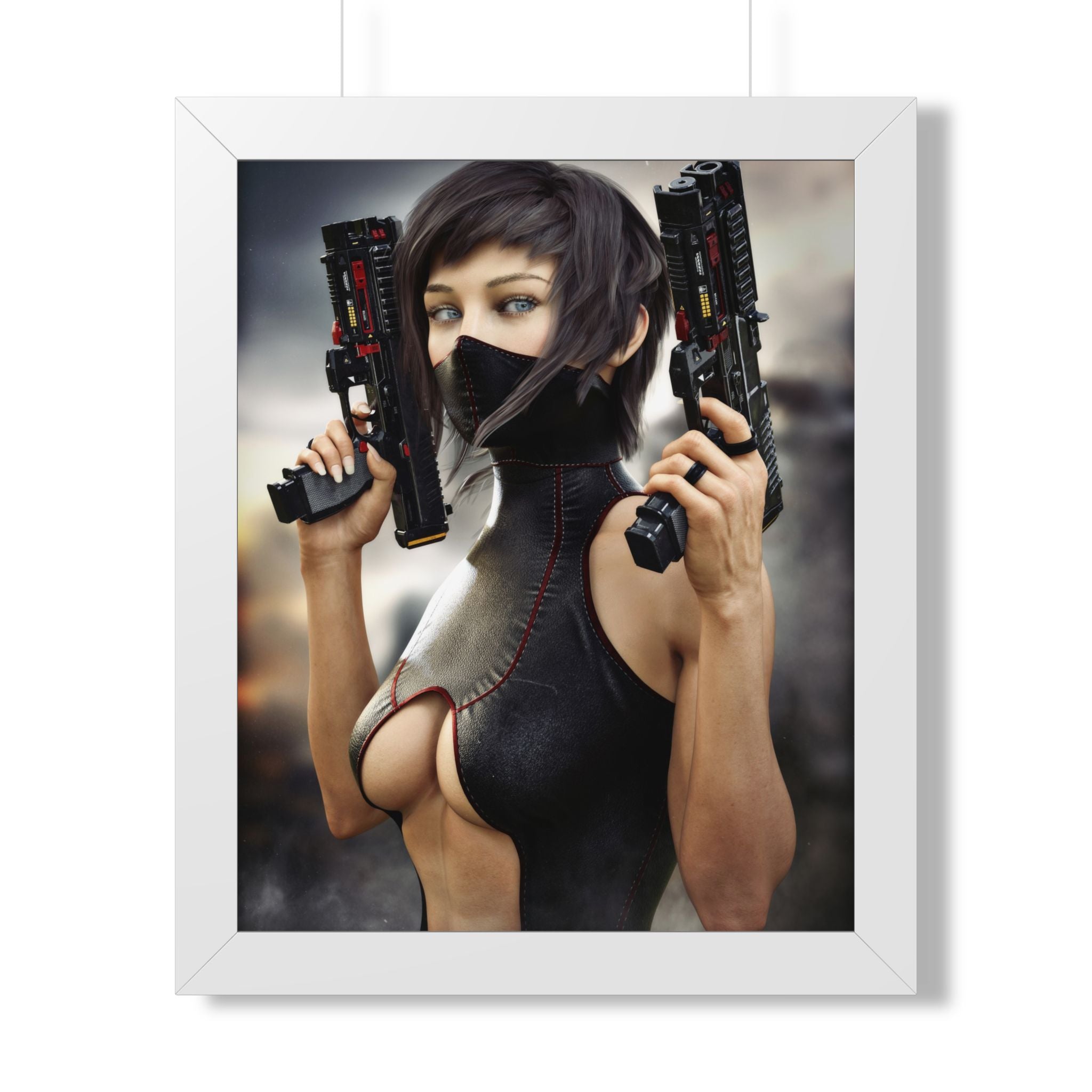Framed Poster — Cyberpunk Female Assassin Art Print - No AI - Human created illustration art