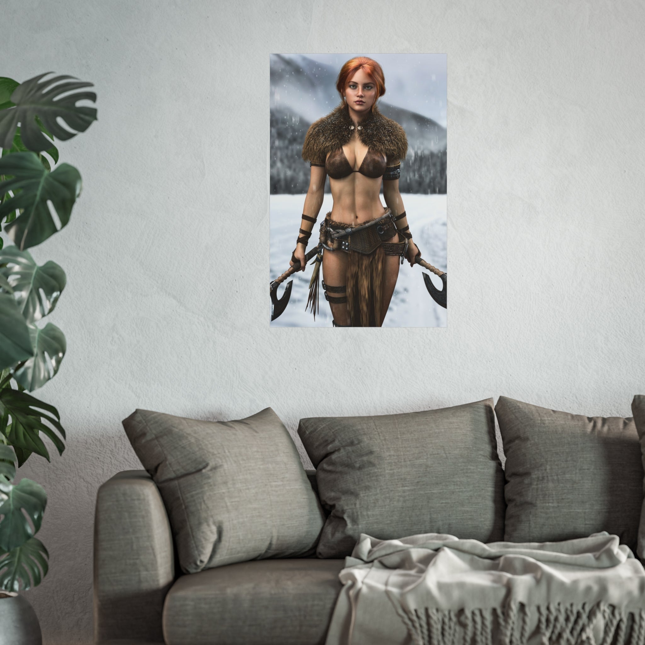 Viking Warrior Woman Fine Art Poster — Red-Haired Norse Axe Fighter Print
