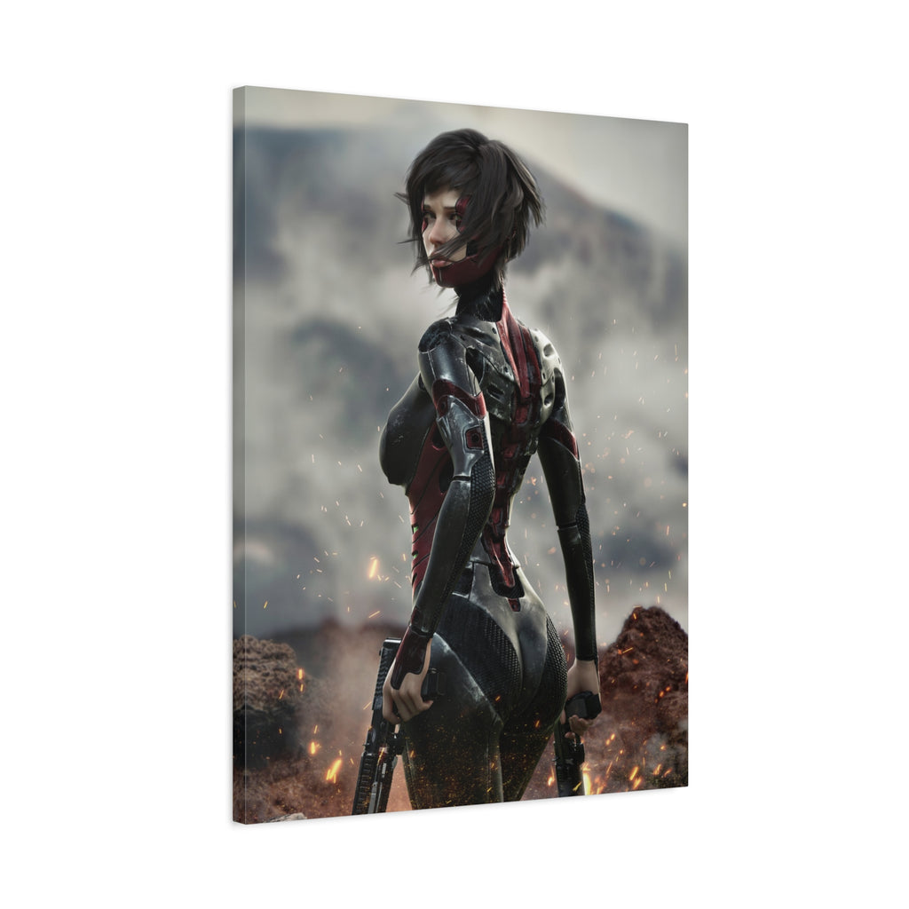 Sci‑Fi Warrior Matte Canvas Print — Futuristic Female Soldier Wall Art- No AI - Human created illustration art