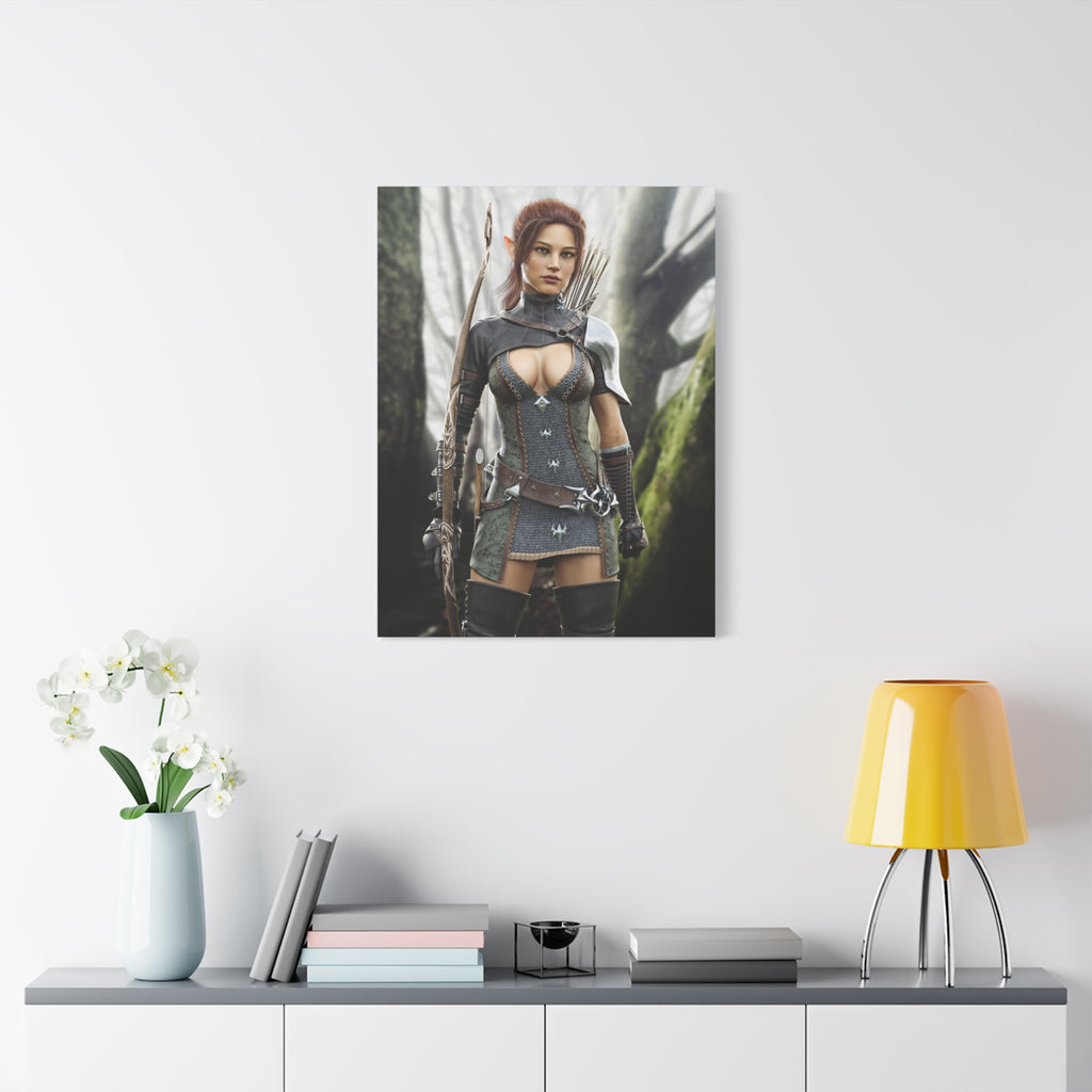 Fantasy Wood Elf Archer Warrior Canvas Print — Matte Stretched Wall Art - No Ai - human created illustration art