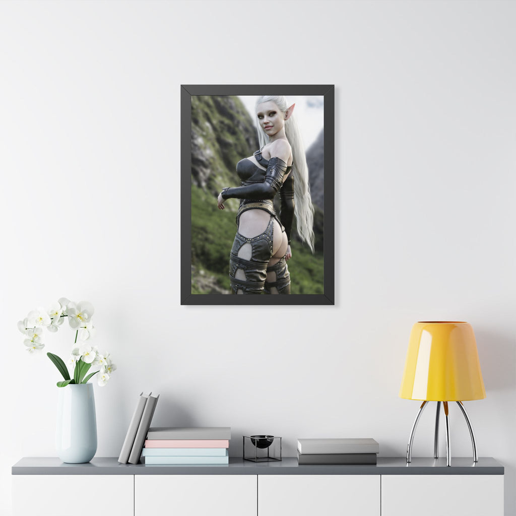 Póster Guerrera Elfa — Lámina Vertical Fantasía Enmarcada - No IA - Ilustración de arte creada por humanos.