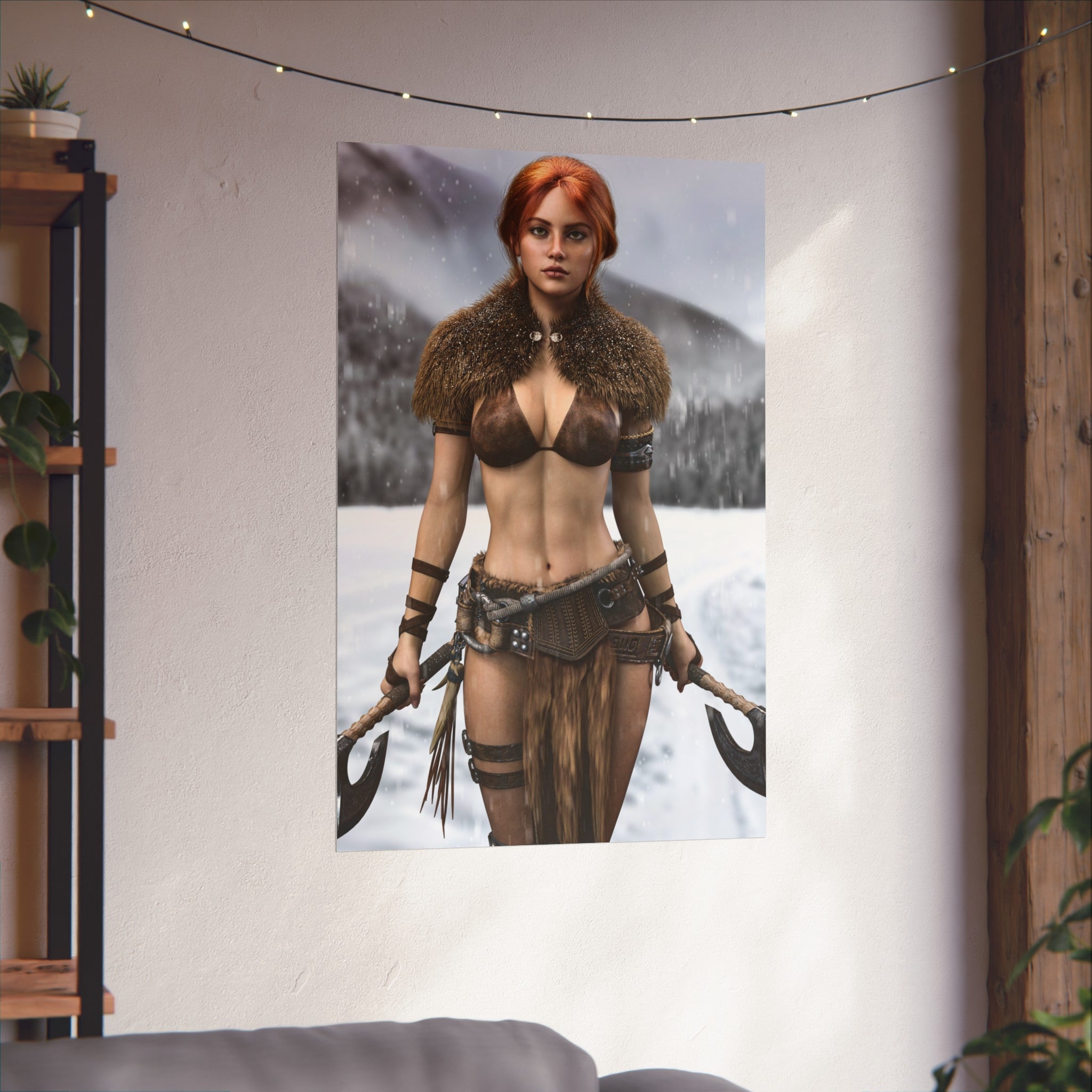 Viking Warrior Woman Fine Art Poster — Red-Haired Norse Axe Fighter Print
