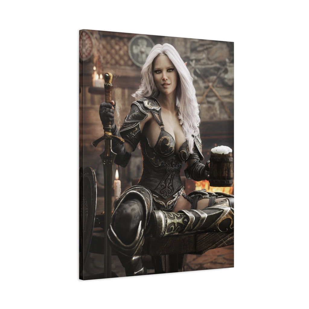 Fantasy Warrior Woman Canvas Print — Armored Dark elf in Tavern Portrait-No AI- Human created illustration art