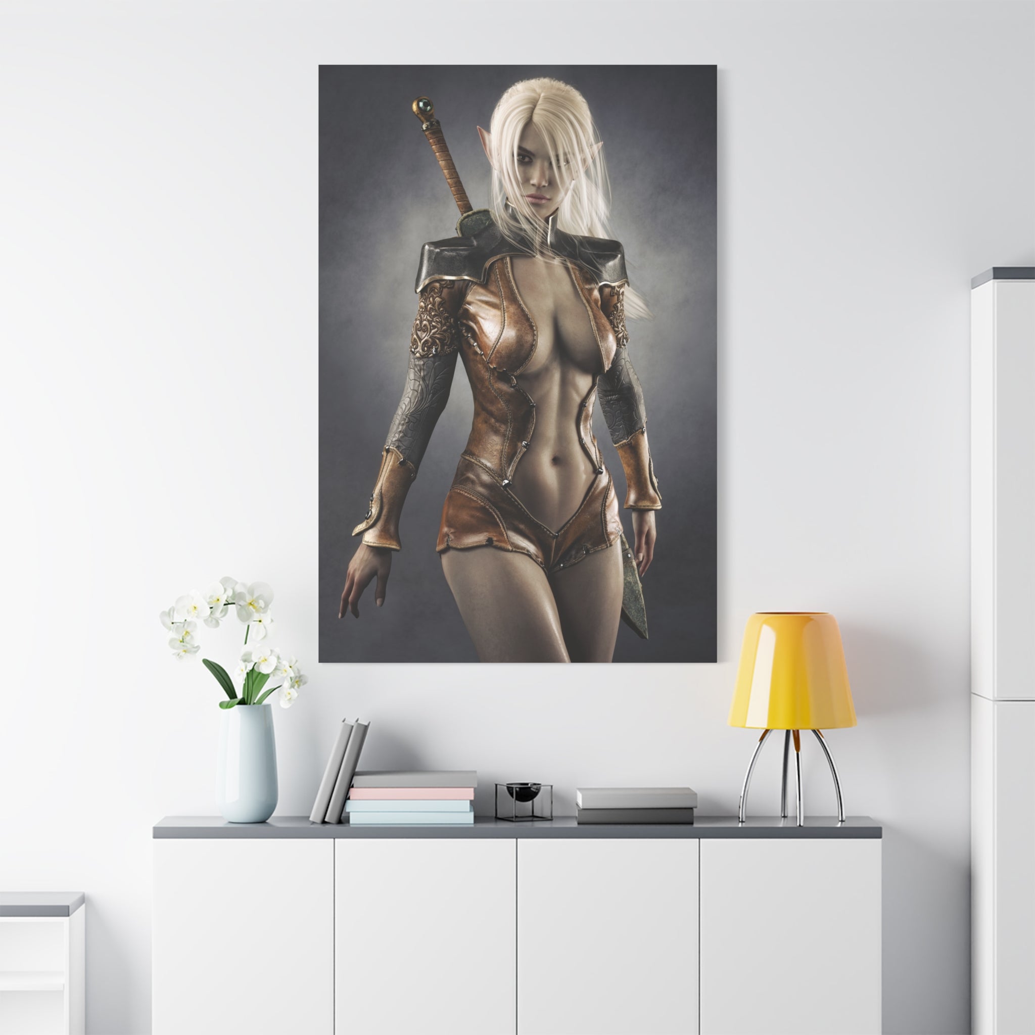 Fantasy Warrior Elf Canvas Print — Sexy Female Swordfighter Matte Stretched Art- No AI- Human created illuration art