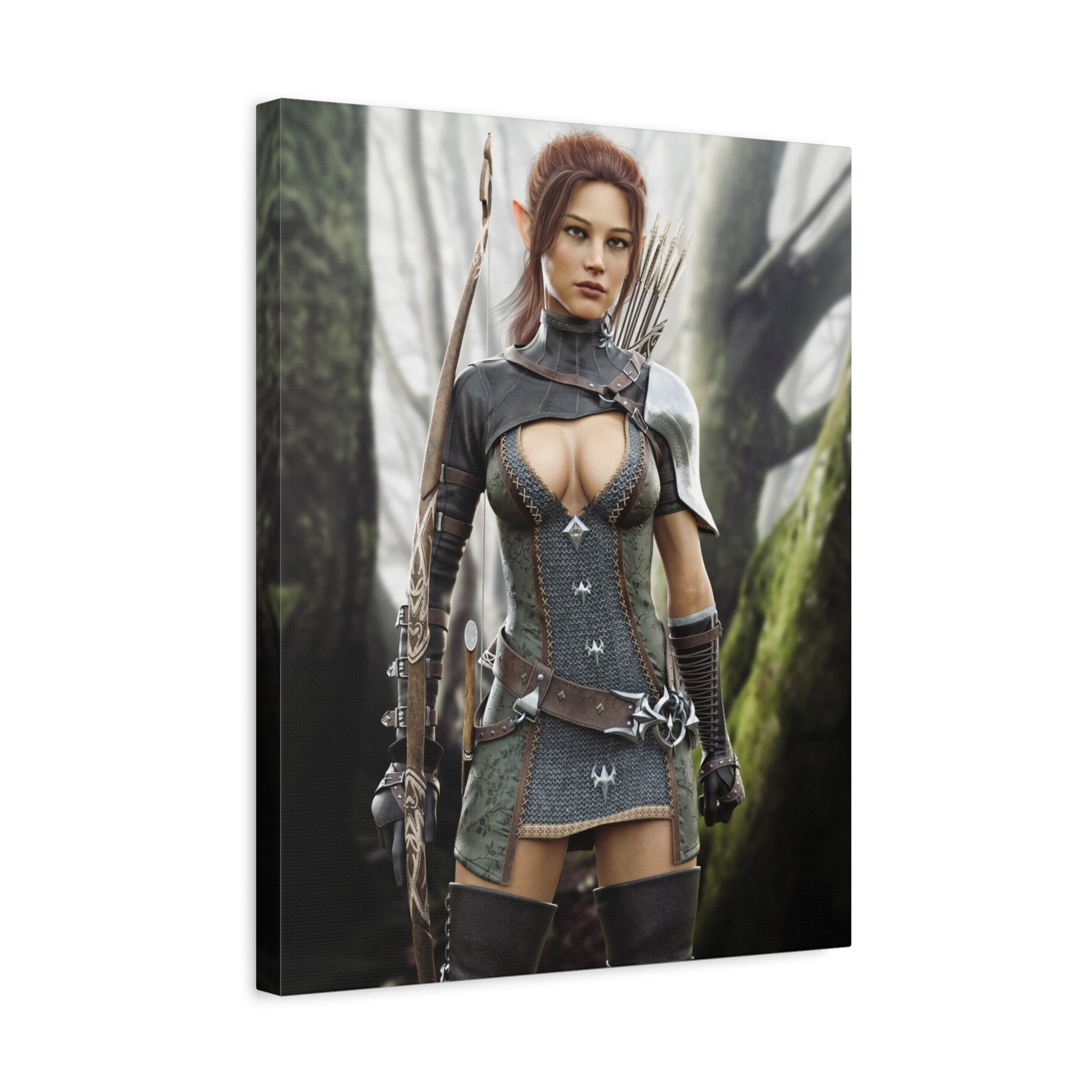 Fantasy Wood Elf Archer Warrior Canvas Print — Matte Stretched Wall Art - No Ai - human created illustration art