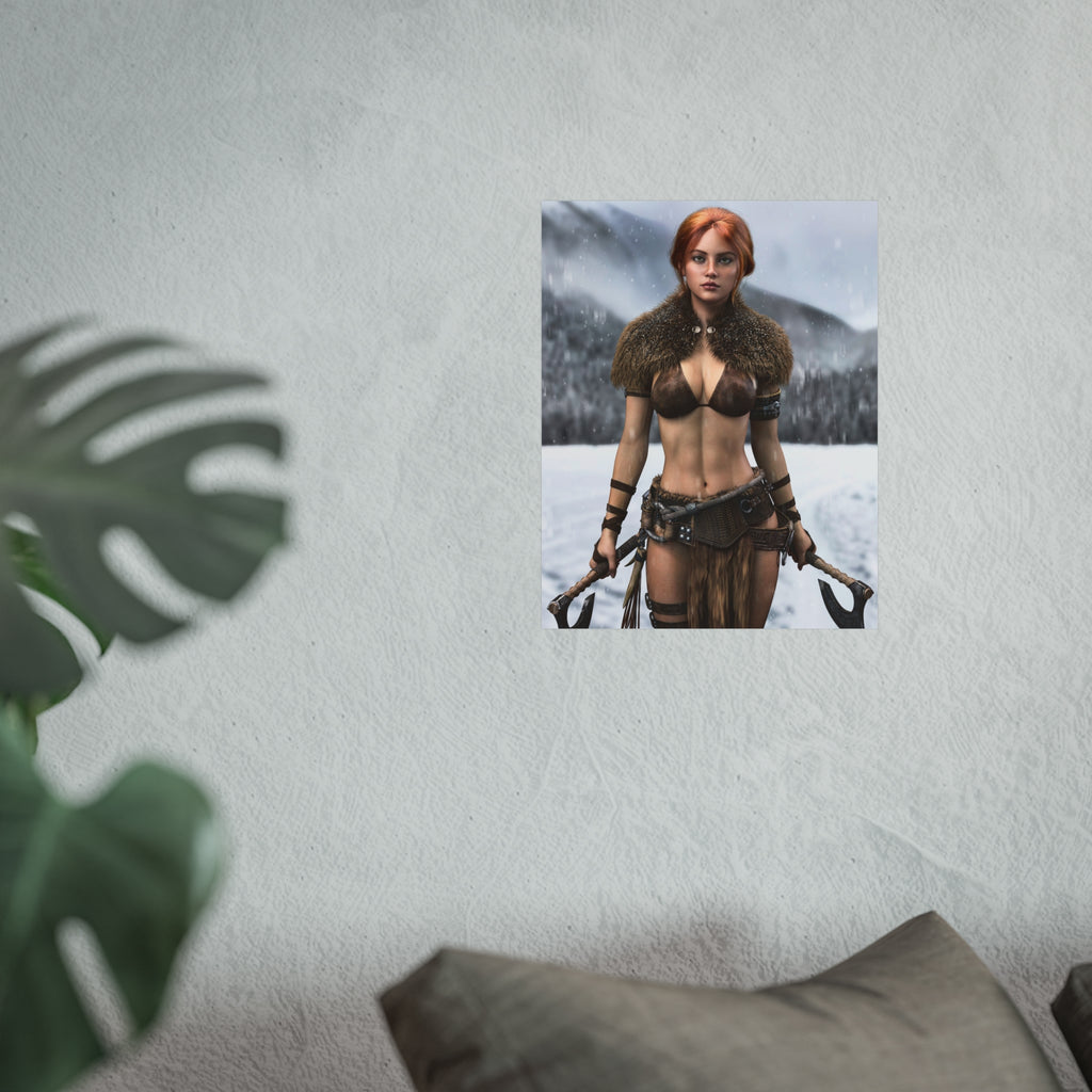 Viking Warrior Woman Fine Art Poster — Red-Haired Norse Axe Fighter Print