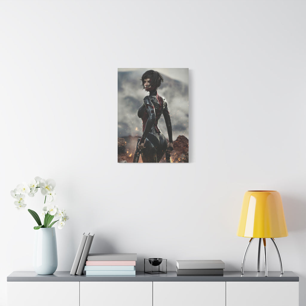 Sci‑Fi Warrior Matte Canvas Print — Futuristic Female Soldier Wall Art- No AI - Human created illustration art